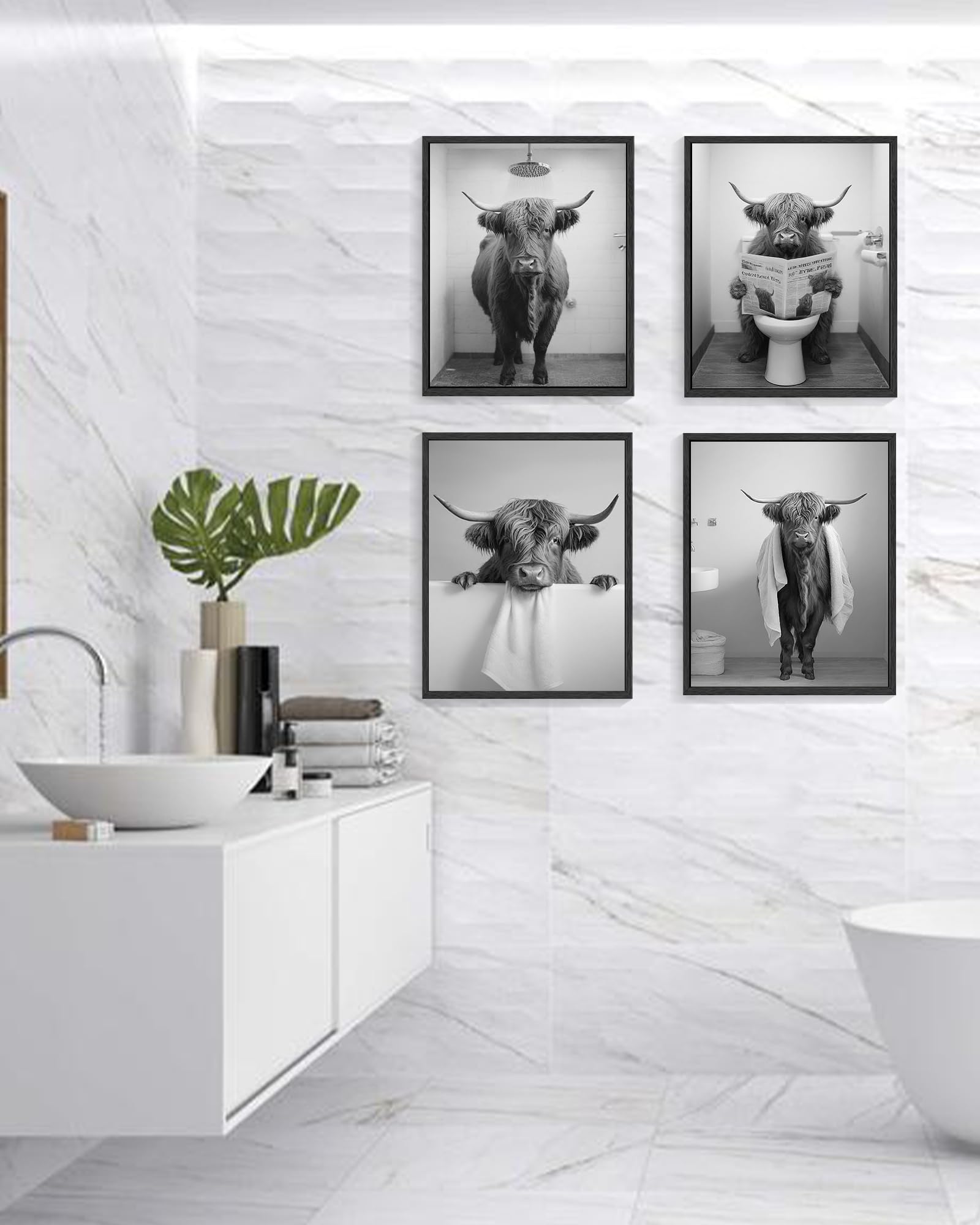 Funny Highland Cow Bathroom Wall Art Framed Black And White Rustic Cute Bathroom Canvas Prints For Bathroom Restroom Decor 11X14