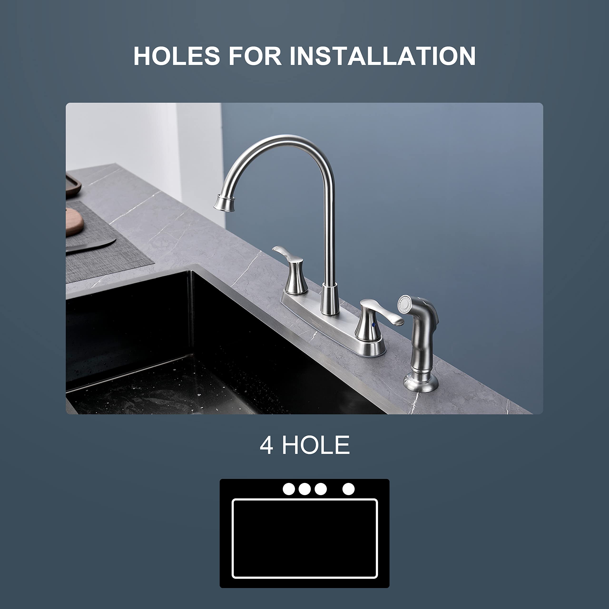 Kirlystone Kitchen Faucet With Side Sprayer, Brushed Nickel 2-Handle Faucet For 4 Holes Kitchen Sink