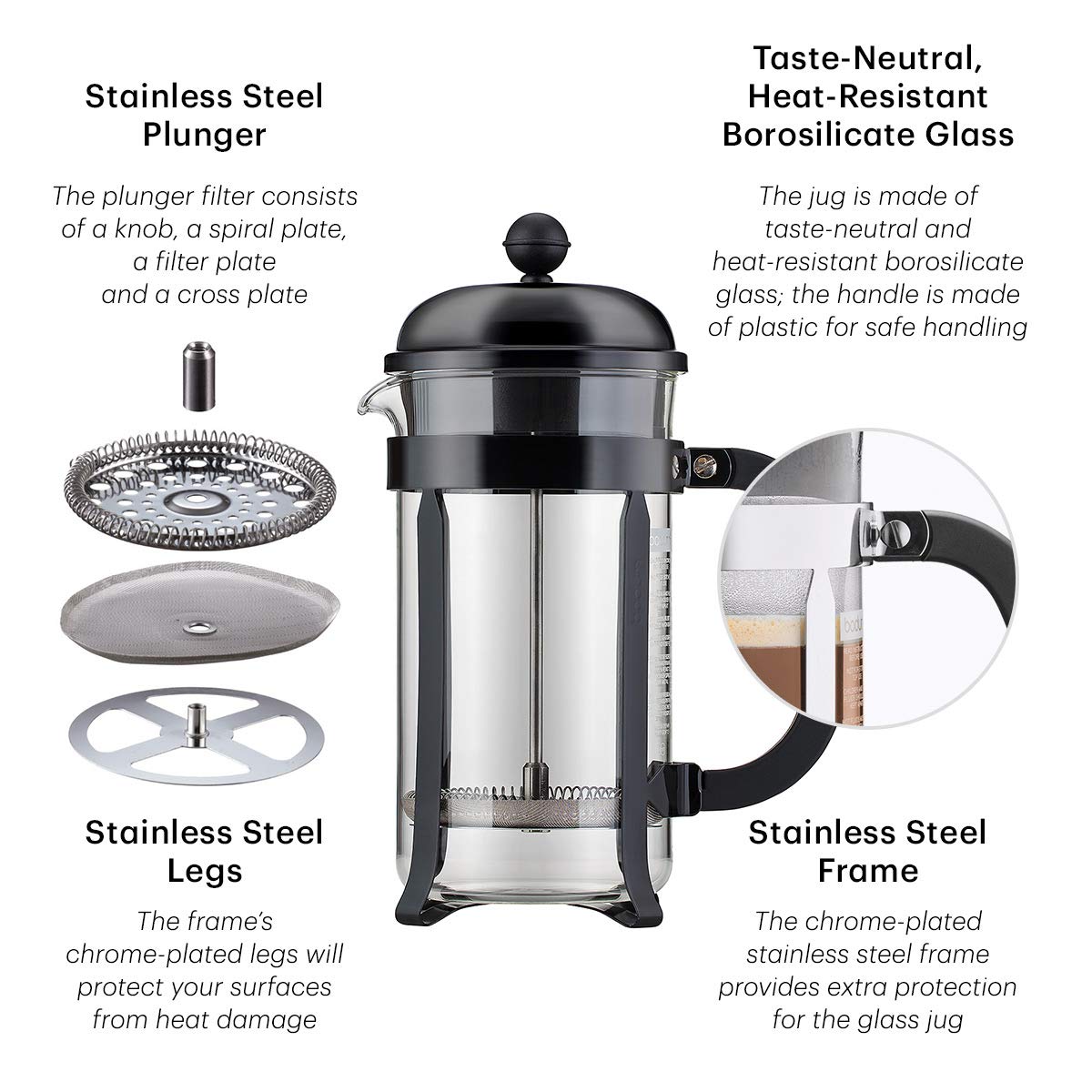 Bodum 34Oz Chambord French Press Coffee Maker, High-Heat Borosilicate Glass, Stainless Steel, White - Made In Portugal