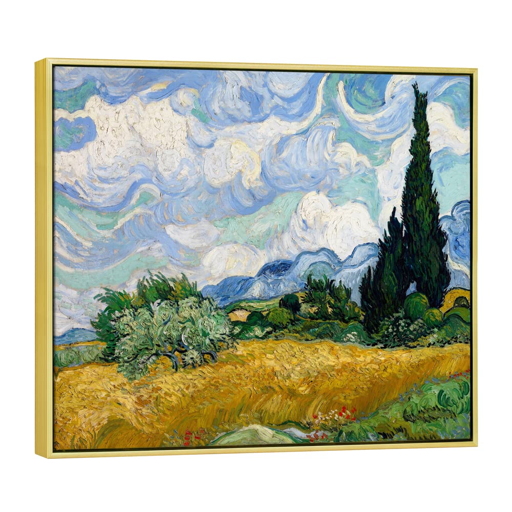 Wieco Art Framed Canvas Art Wheat Field With Cypresses By Van Gogh Impressionist Landscape Oil Paintings Canvas Prints Artwork W