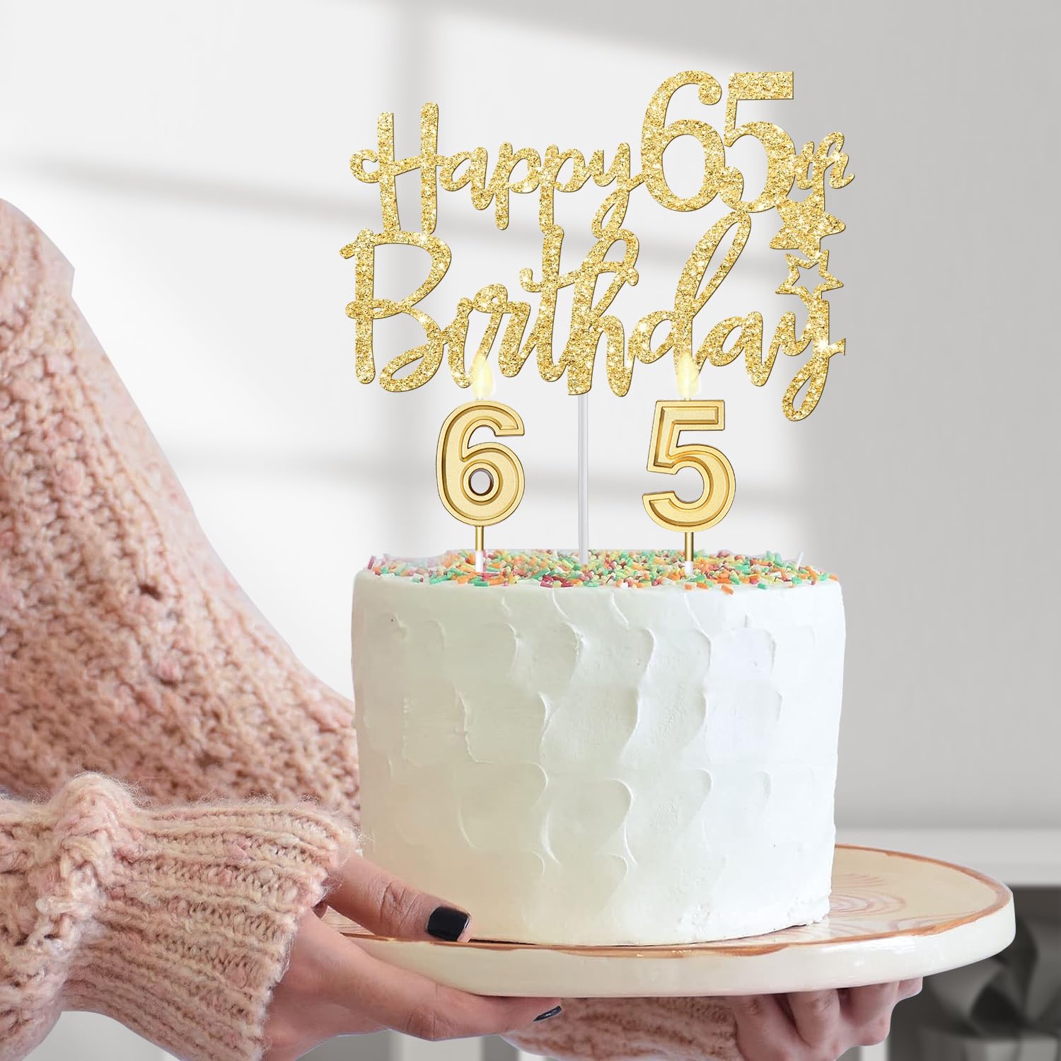 65Th Birthday Decorations For Women Including Gold 65Th Birthday Tiara And Sash, Gold 65Th Birthday Candles And Cake Topper, Gol