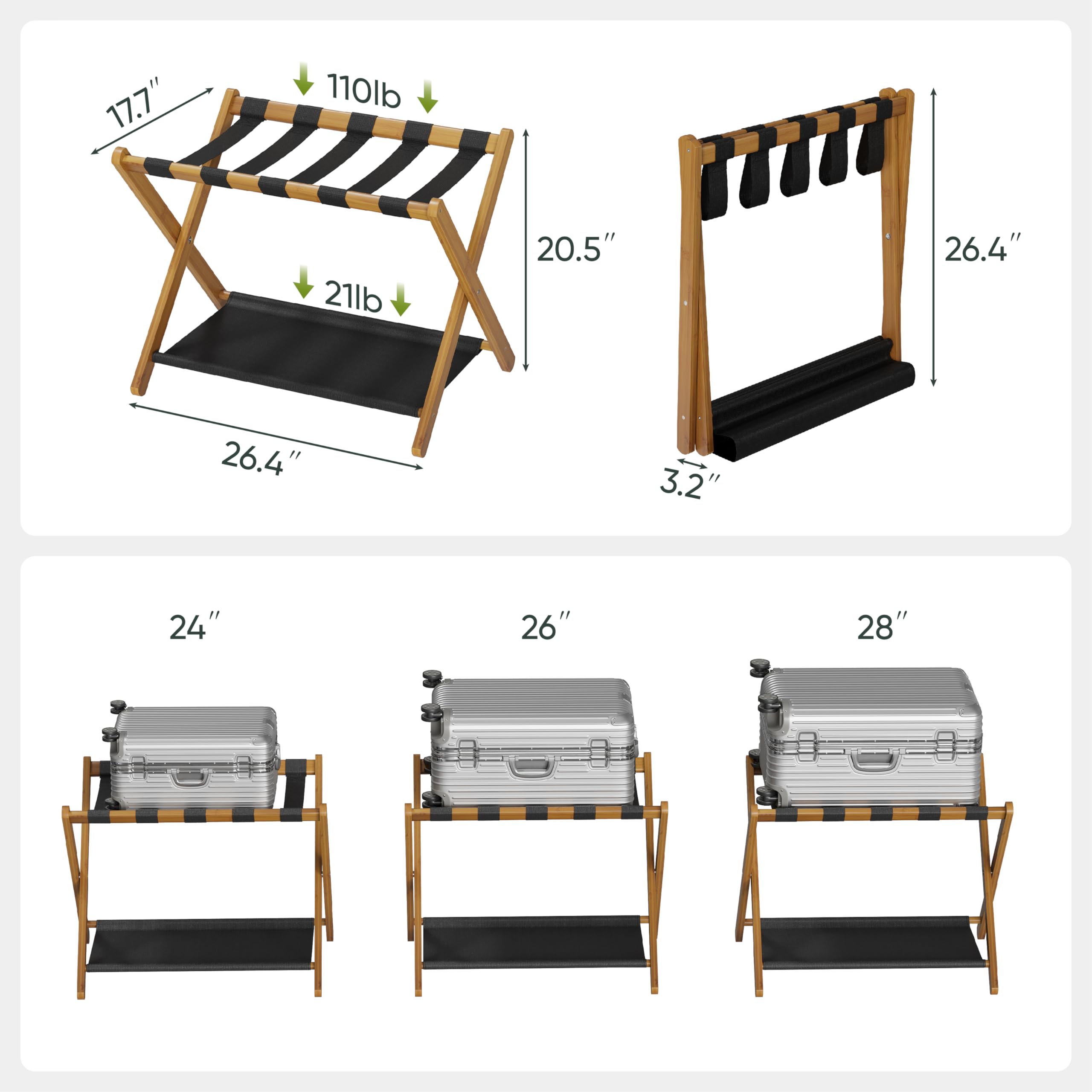 Smart Fendee 2 Pack Luggage Rack, Folding Luggage Rack For Guest Room, Walnut Bamboo Suitcase Stand Holds Up To 131 Lb, Luggage