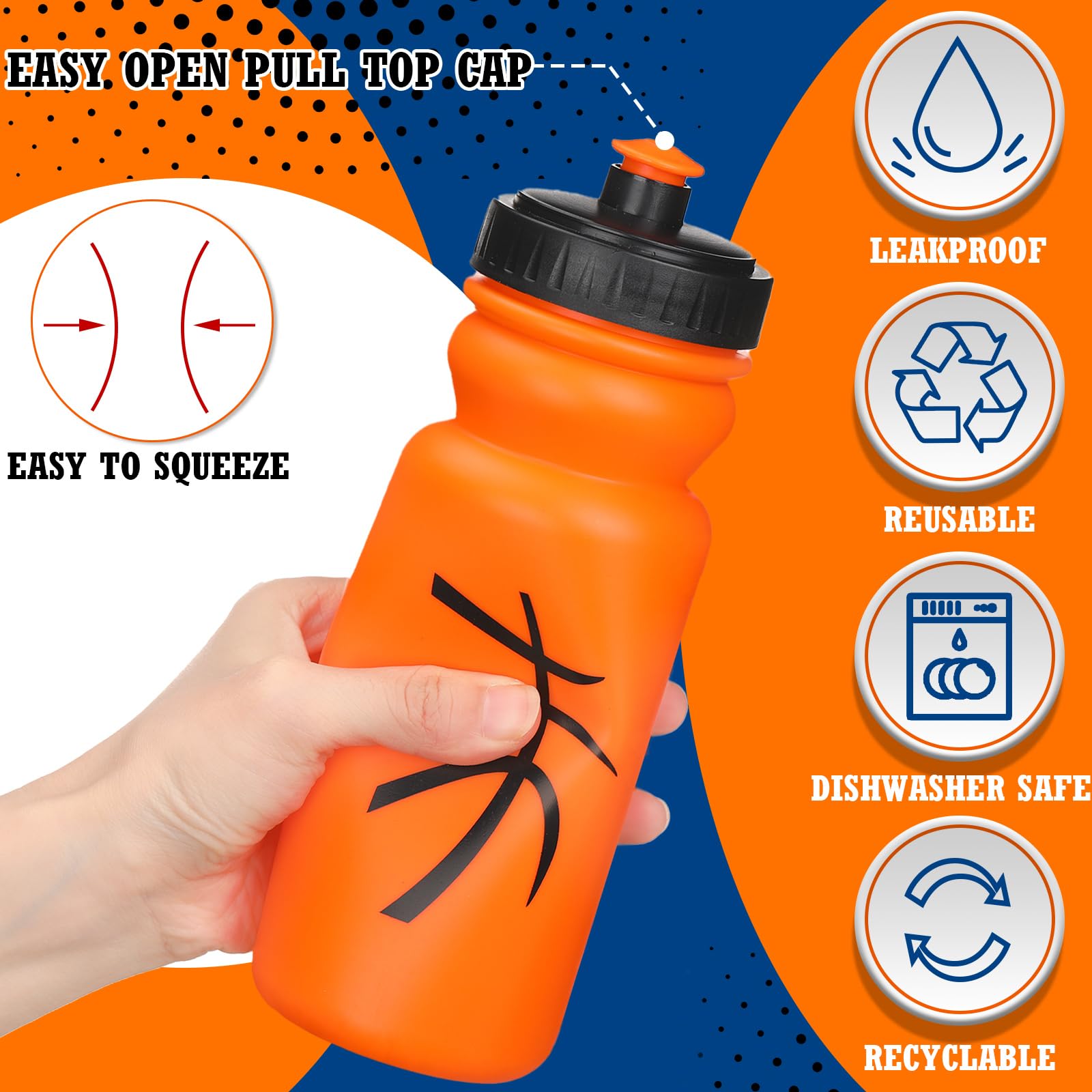 Nitial 12 Pack Basketball Water Bottles Bulk 20 oz Reusable Squeeze Water Bottles Plastic Sports Bottle with Pull Top Cap Sports