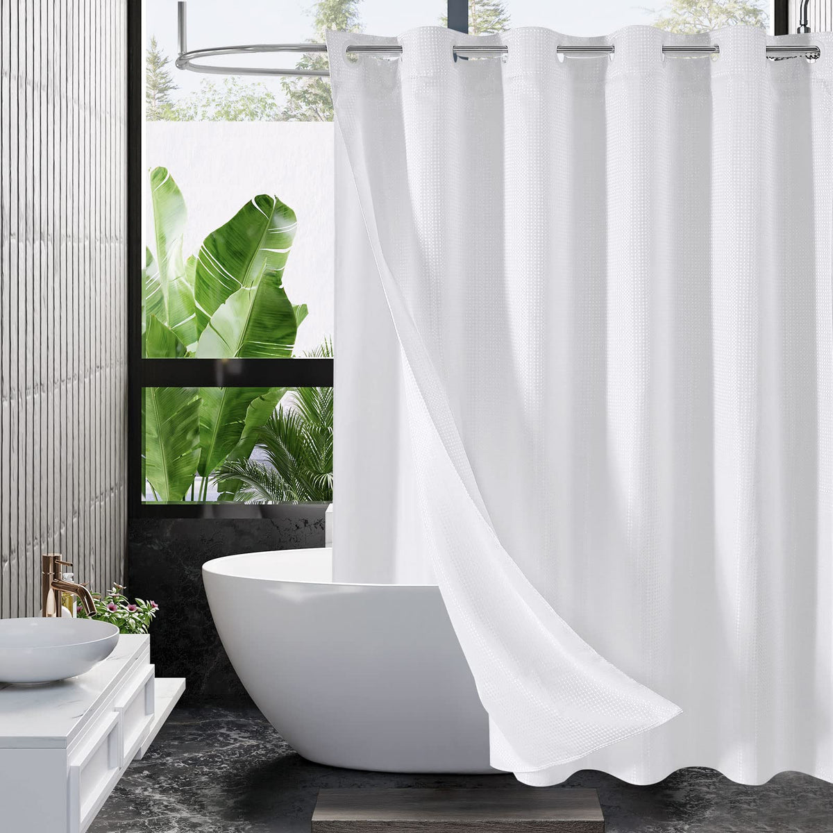Mitovilla No Hooks Needed White Waffle Shower Curtain Set With Snap-In Liner, Modern Waffle Weave Fabric Shower Curtains For Lux
