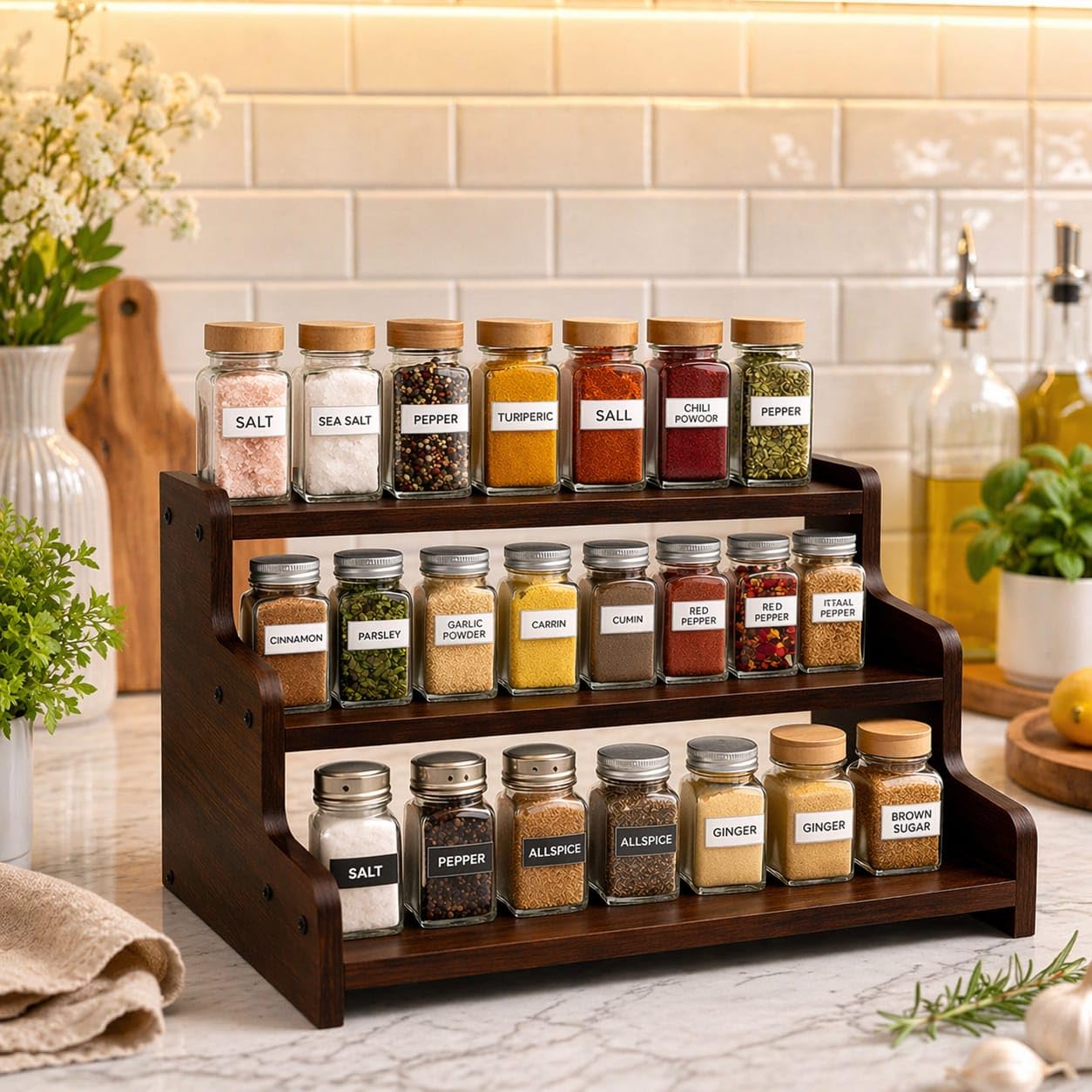 Wixidoor 3 Tier Wooden Kitchen Organizer Rack For Countertop | Wooden Spice Rack Stand For Kitchen Counter | Kitchen Shelf Organ
