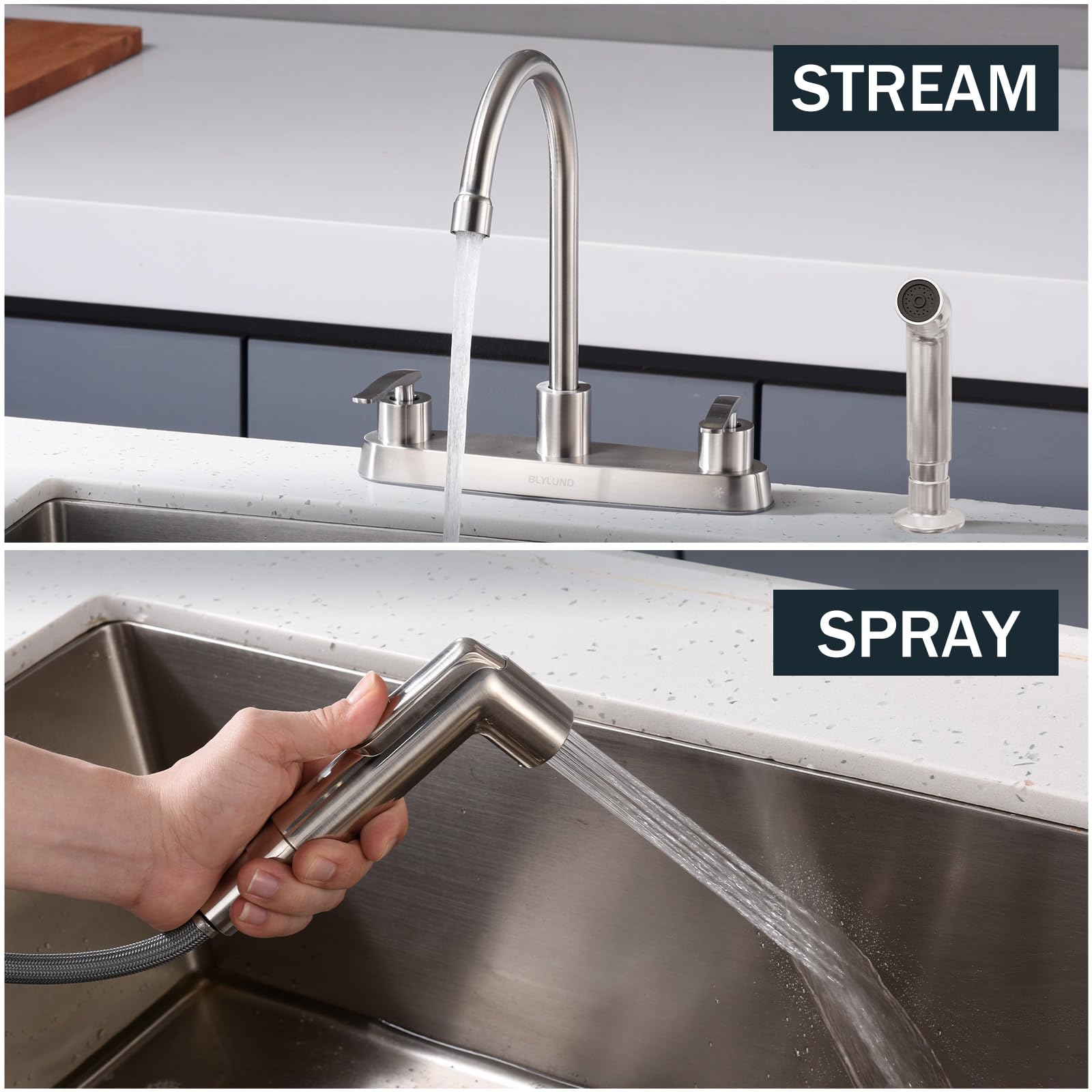 Blylund Kitchen Faucet With Side Sprayer, Brushed Nickel High Arc 8 Inch Centerset 2 Handles Stainless Steel Kitchen Sink Faucet