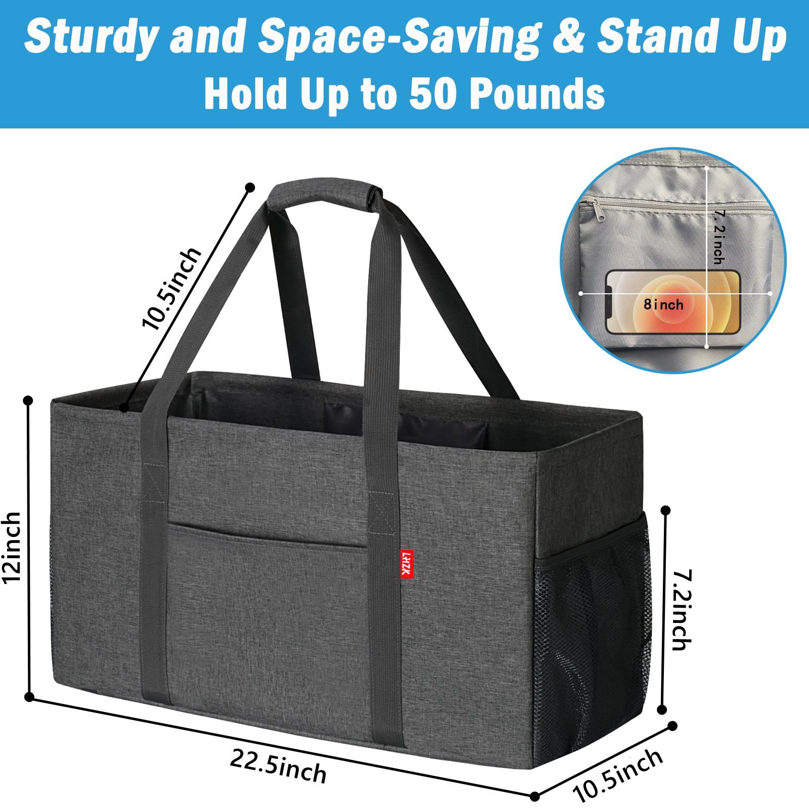 Lhzk Standing Extra Large Utility Tote Bag With Metal Wire Frame And The Sides Rinforced, Large Collapsible Tote (Gray)