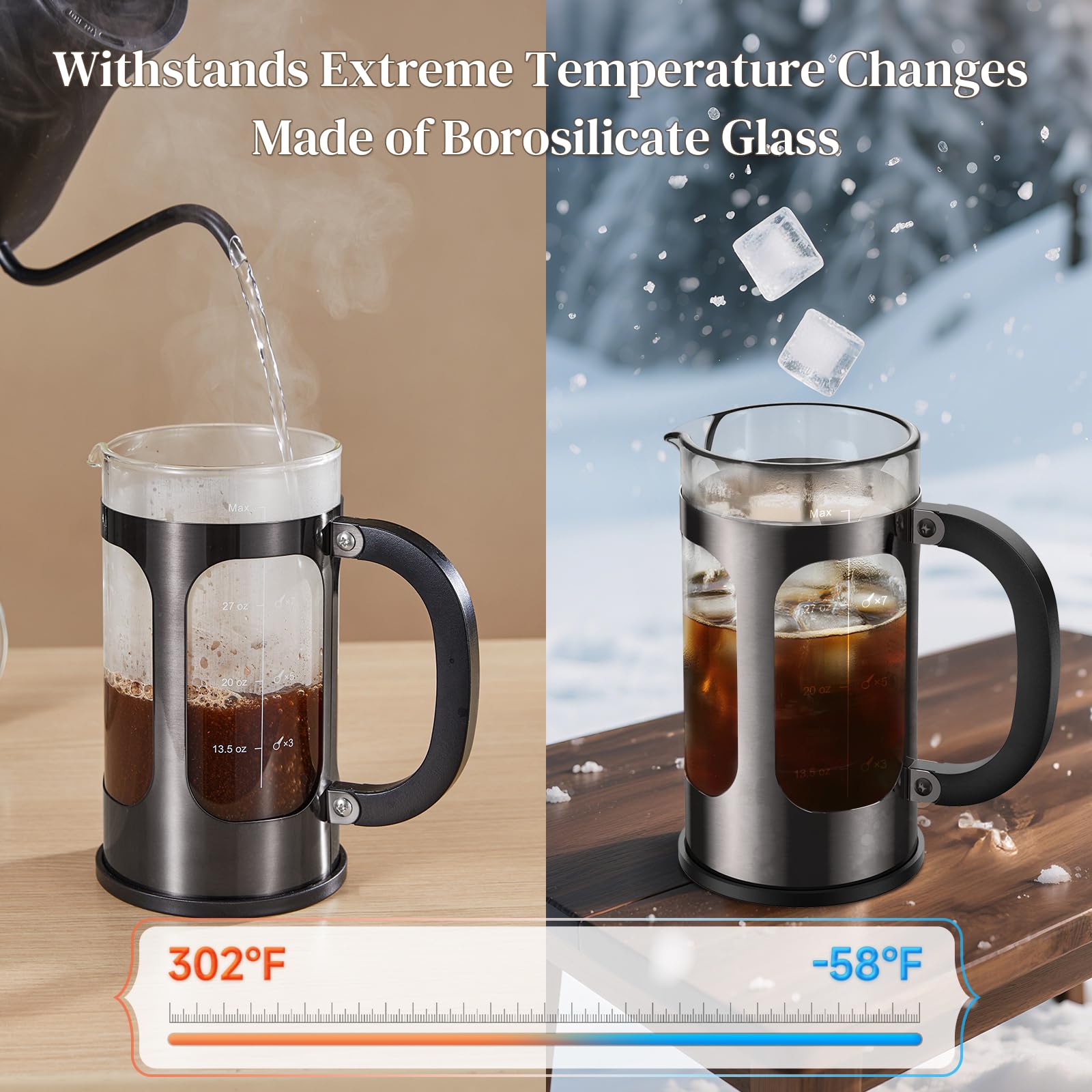 Veken French Press Coffee Maker 34oz,No Plastic Touching Cafe,Borosilicate Glass Stainless Steel Brewer,Cold Brew Cafetera Teapo