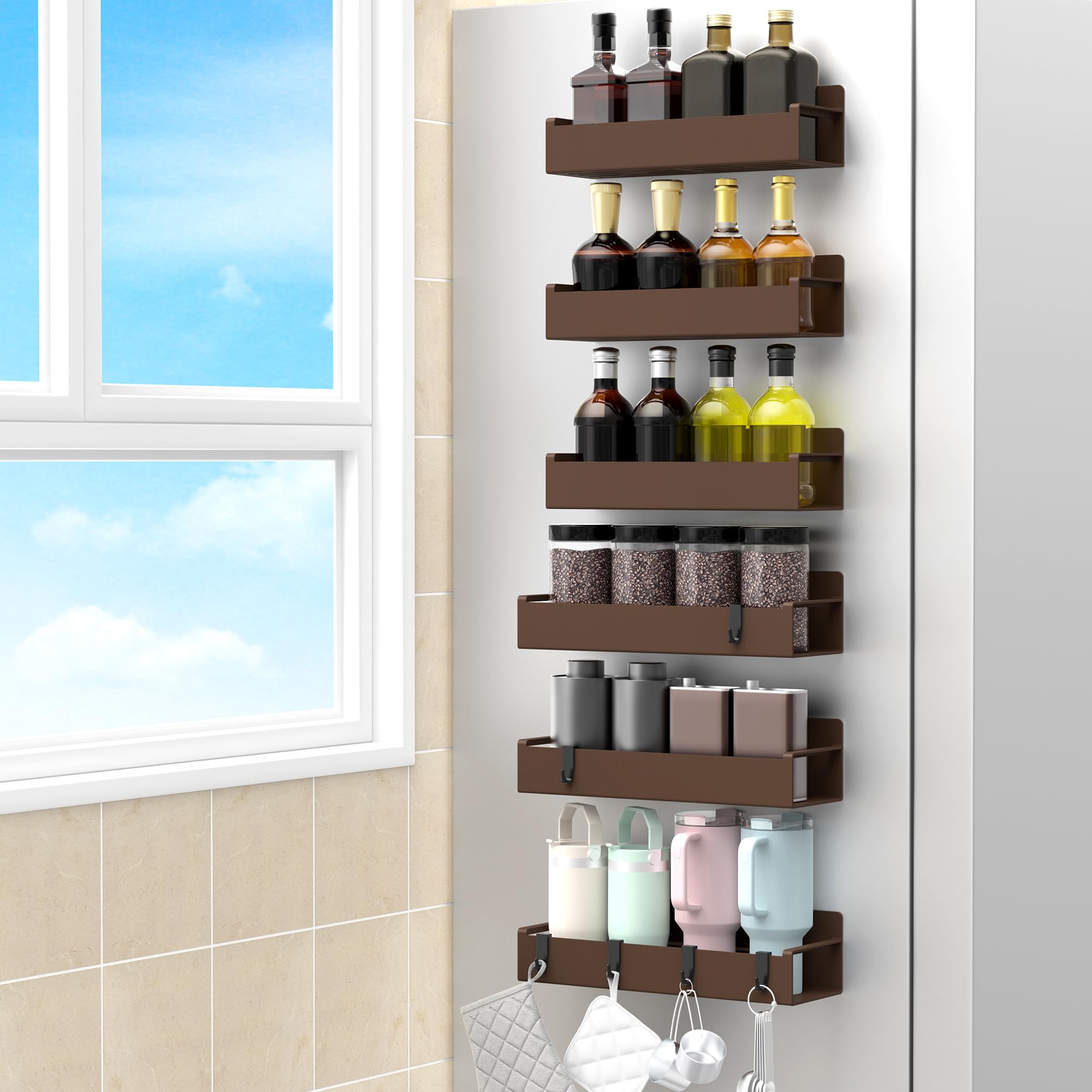 HuggieGems 6 Pack Magnetic Spice Rack Organizer for Refrigerator and Oven, Brown Fridge Organizers and Storage for Kitchen