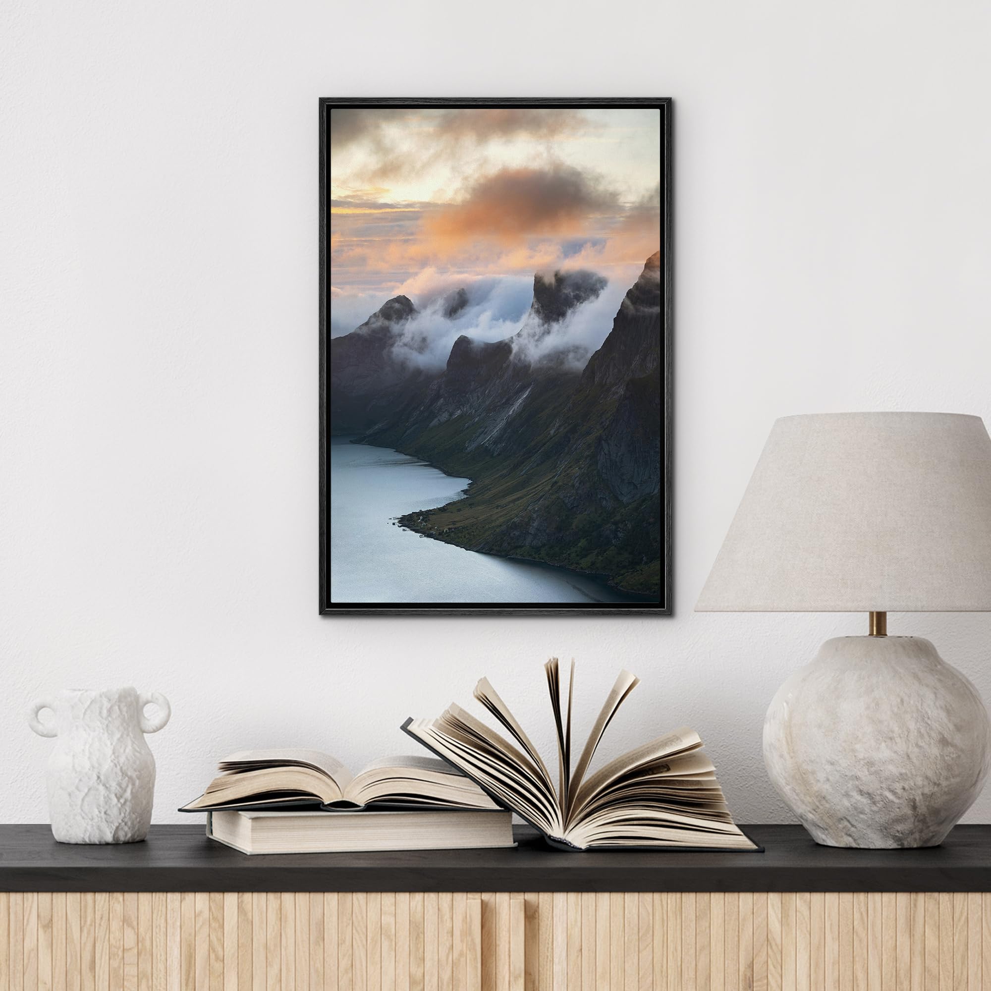 Wall26 Framed Canvas Print Wall Art Misty Mountain Sunrise Over Fjord Animals Photography Realism Rustic Scenic Landscape Wilder