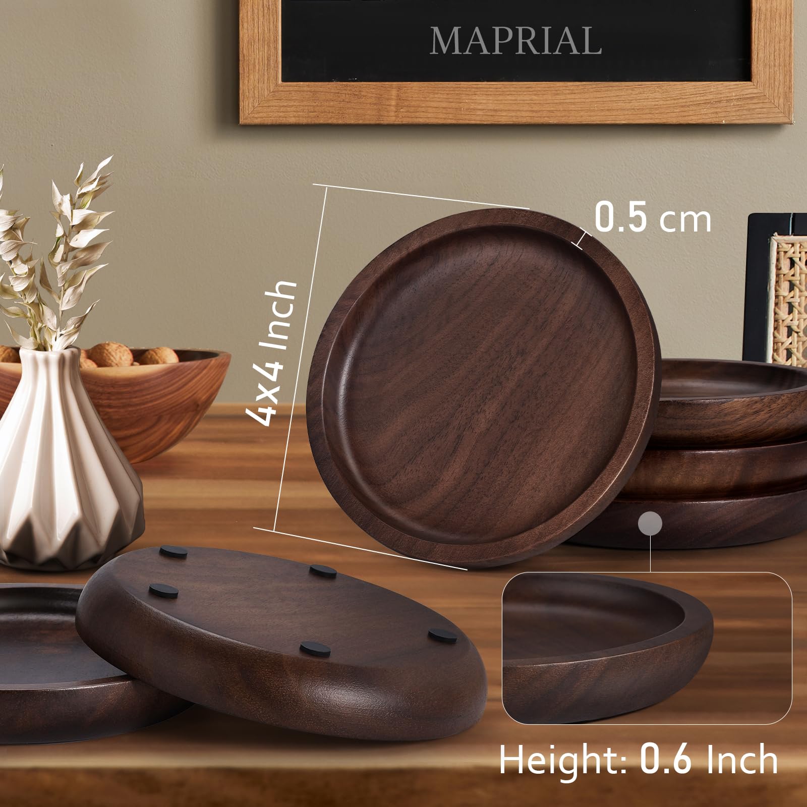Wood Coasters for Drinks  MAPRIAL 4 Inch 6 Pack Wooden Coasters Set 100% Natural Walnut with Anti-Scratch Backing for Coffee Table  Wooden Table  Gift  Home Decor  Bar  Any Cups