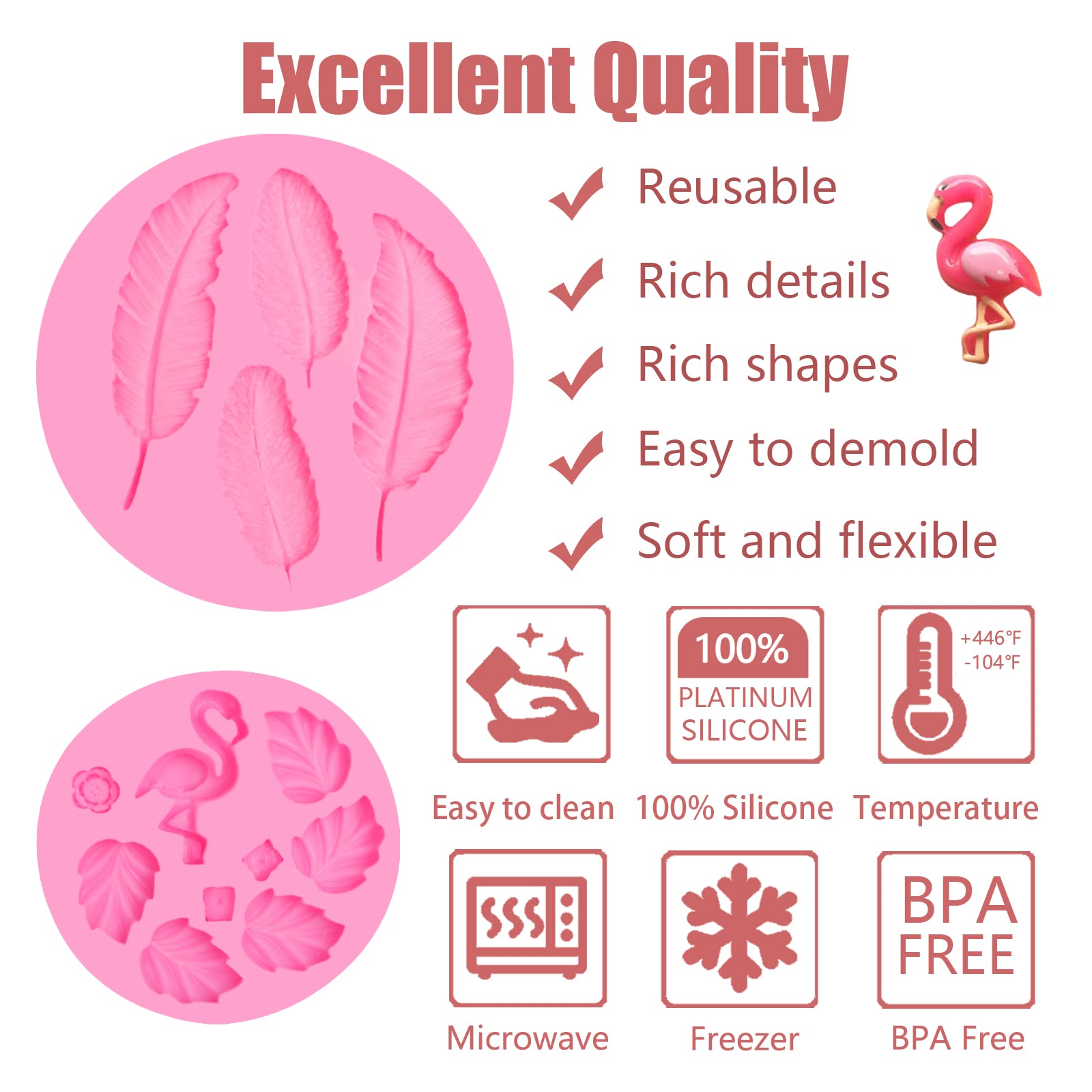 Rose Collection Silicone Fondant Mold 3 Pcs, Flower Leaf Fondant Mold, Flamingo Tropical Leaf Chocolate Mold For Cake Decoration