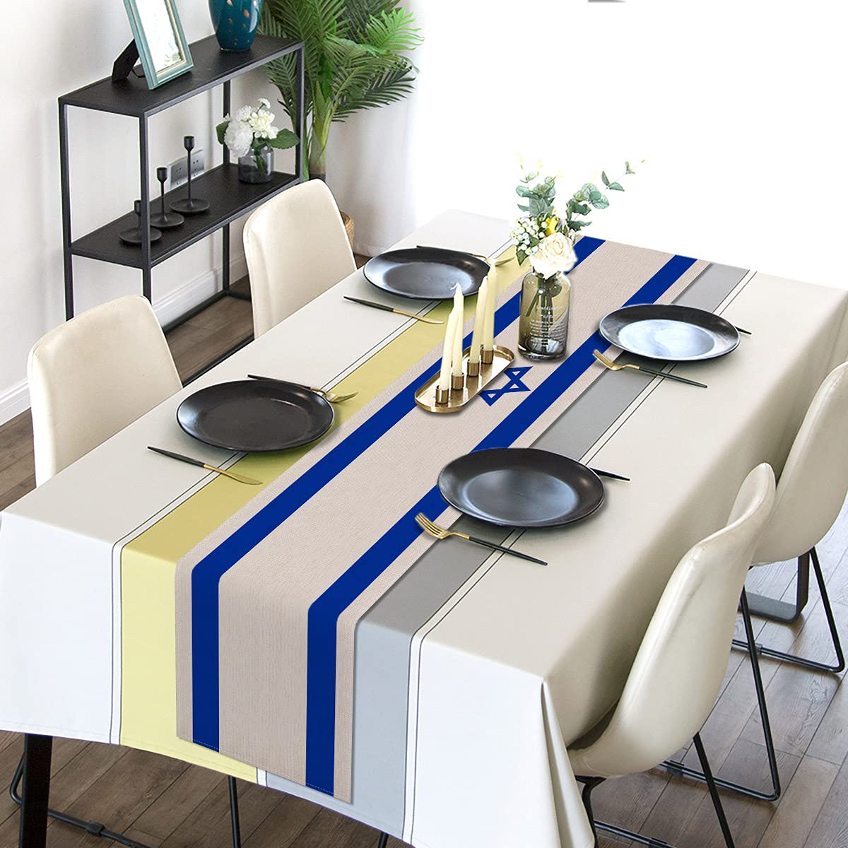 Linen Israel Flag Table Runner Jewish Table Decoration For Passover Rosh Hashanah Sukkot Sukkah Kitchen Dinning Room Party Decor
