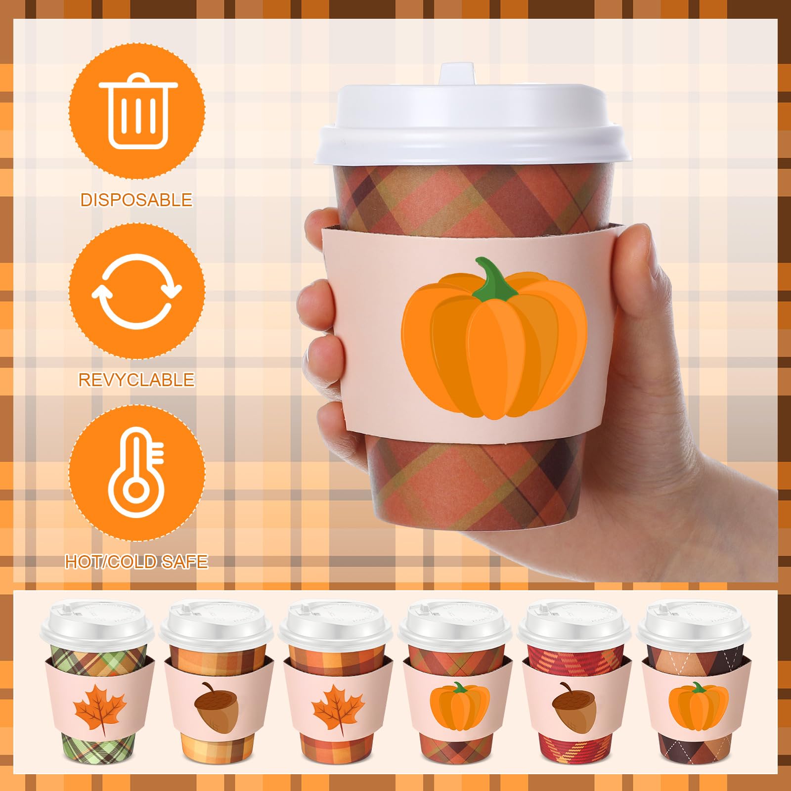 Jingmore 60 Sets Fall Disposable Coffee Cups with Lids and Sleeves 12 oz Paper Buffalo Plaid Coffee Cups for Hot Cold Drinks Tea