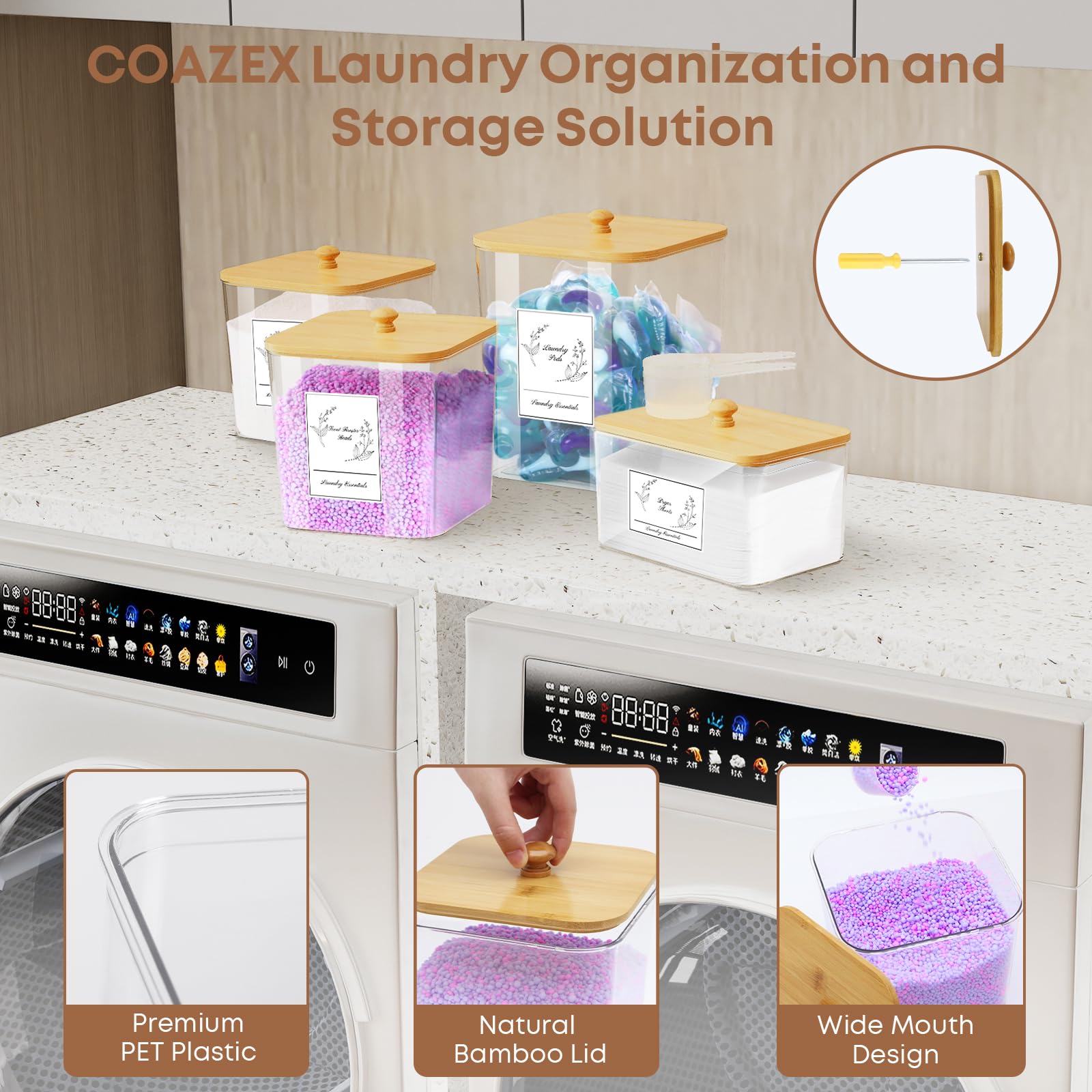Coazex 4 Pack Clear Laundry Pods Container & Dryer Sheet Holder, Plastic Square Laundry Room Organization And Storage Jars With