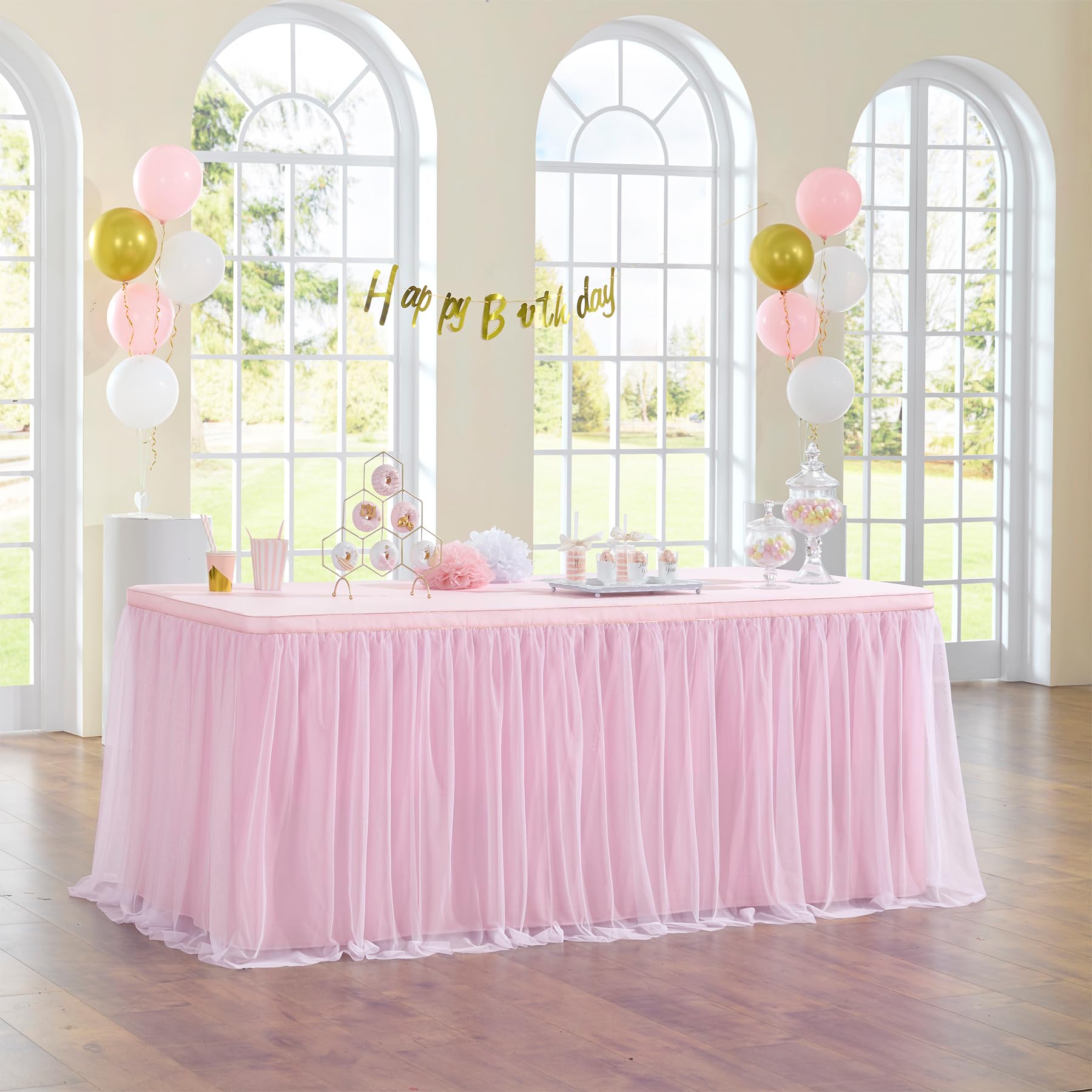 132in Baby Pink Tulle Table Skirts for Rectangle Tables 6ft 8ft, 2-Layer 11 ft Long Gold Grim Princess Pink Ruffle Tulle Tutu Ta