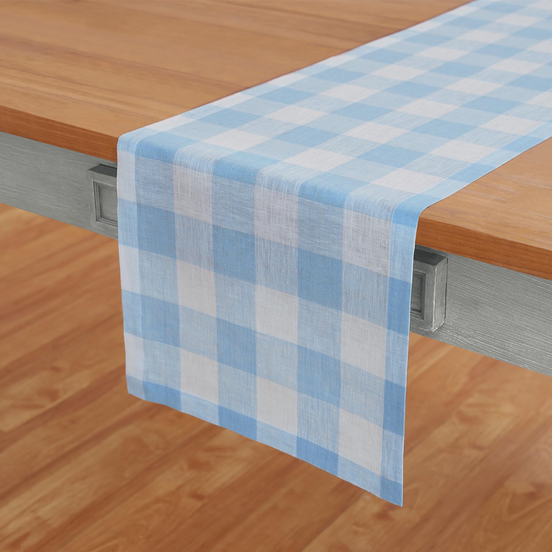 Solino Home Buffalo Check Linen Table Runner 120 Inches Long - 100% Pure Linen Blue Bell Plaid Table Runner 14 X 120 Inch Ideal
