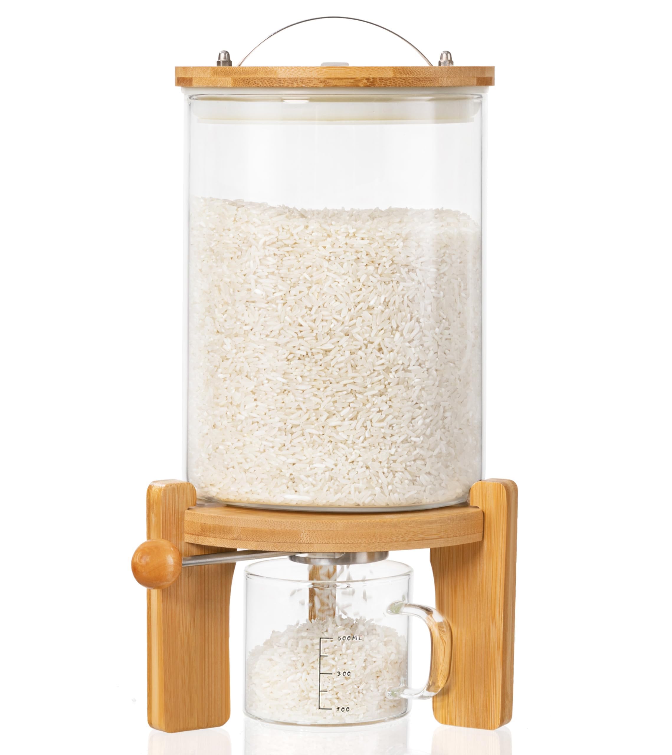 Famyards Glass Rice Dispenser With Wooden Stand Flour And Cereal Container With Glass Measuring Cup Pantry Food Organization Sto
