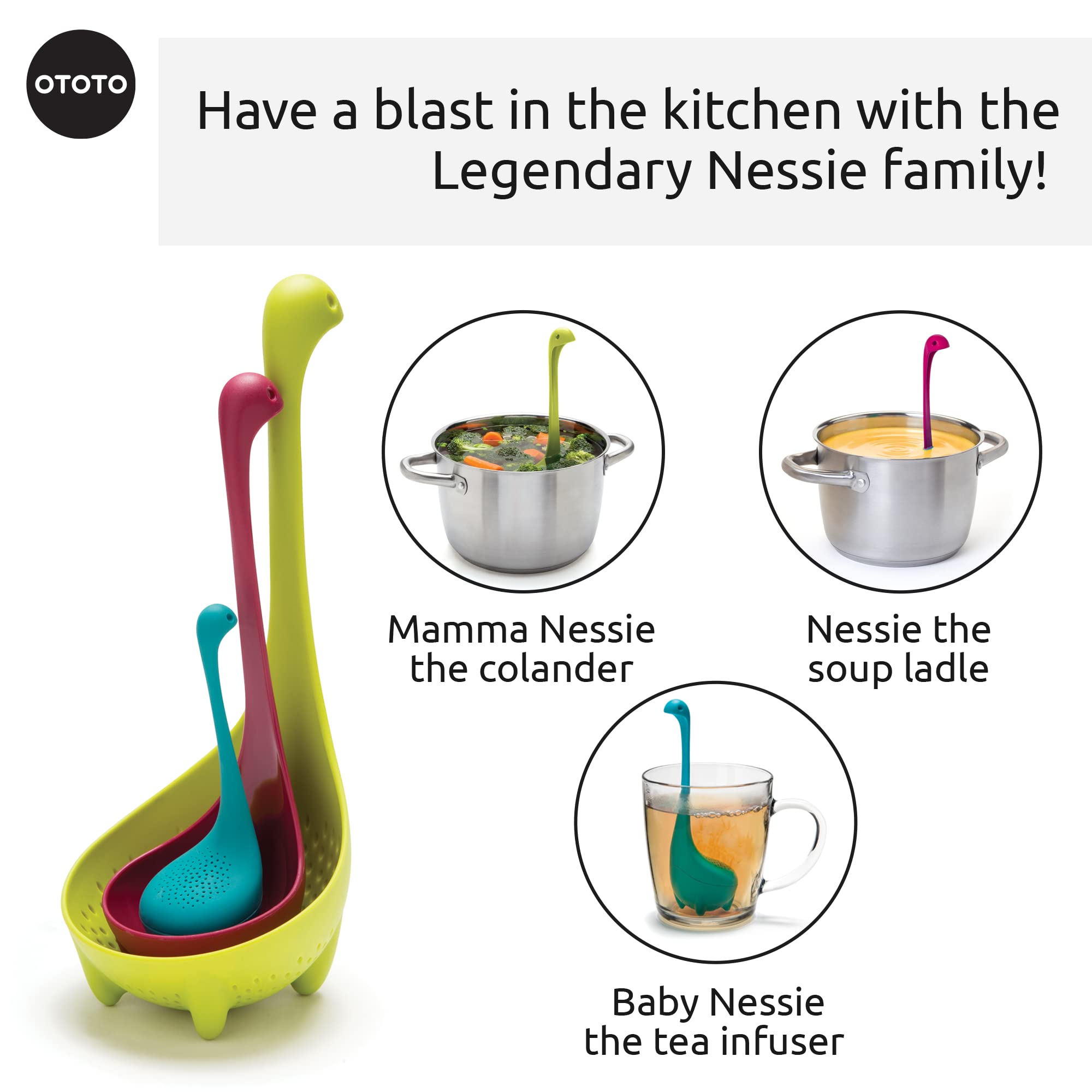 The Nessie Family By Ototo - Pack Of 3 Tea Infuser, Soup Ladle, And Colander - Cute Kitchen Accessories, Cooking Gifts, Funny Ki