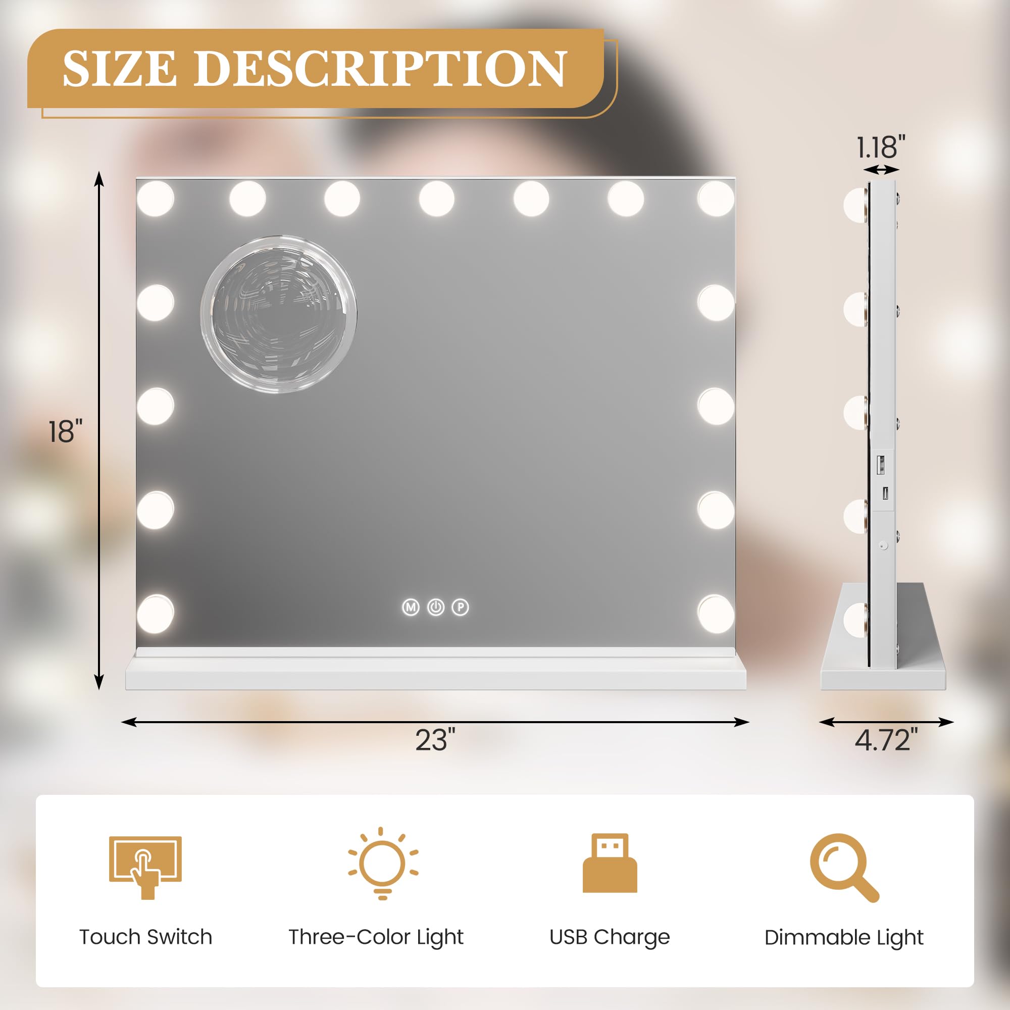 Vanity Mirror With Lights, Hollywood Lighted Vanity Mirror With 15 Dimmable Led Bulbs, 3 Color Modes, Usb Charging Port, Light U