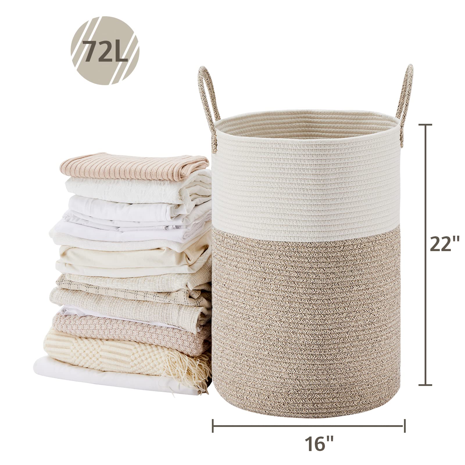 Viposco Large Laundry Hamper, Tall Woven Rope Storage Basket For Blanket, Toys, Dirty Clothes In Living Room, Bathroom, Bedroom