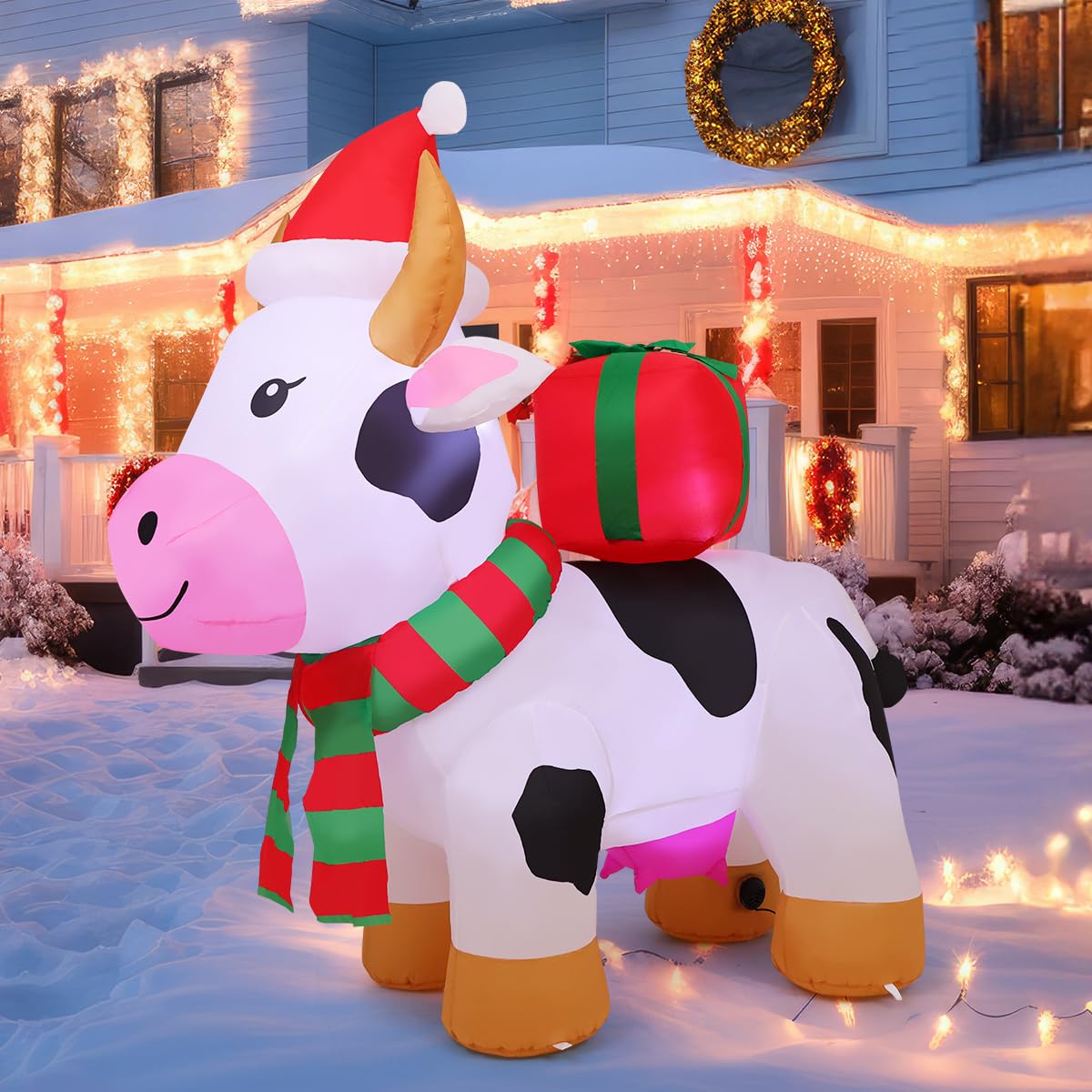 COMIN 5.9 FT Christmas Inflatables Outdoor Decorations Inflatable Cow with LEDs,Quick Blow Up with Built-in LEDs for Yard Party