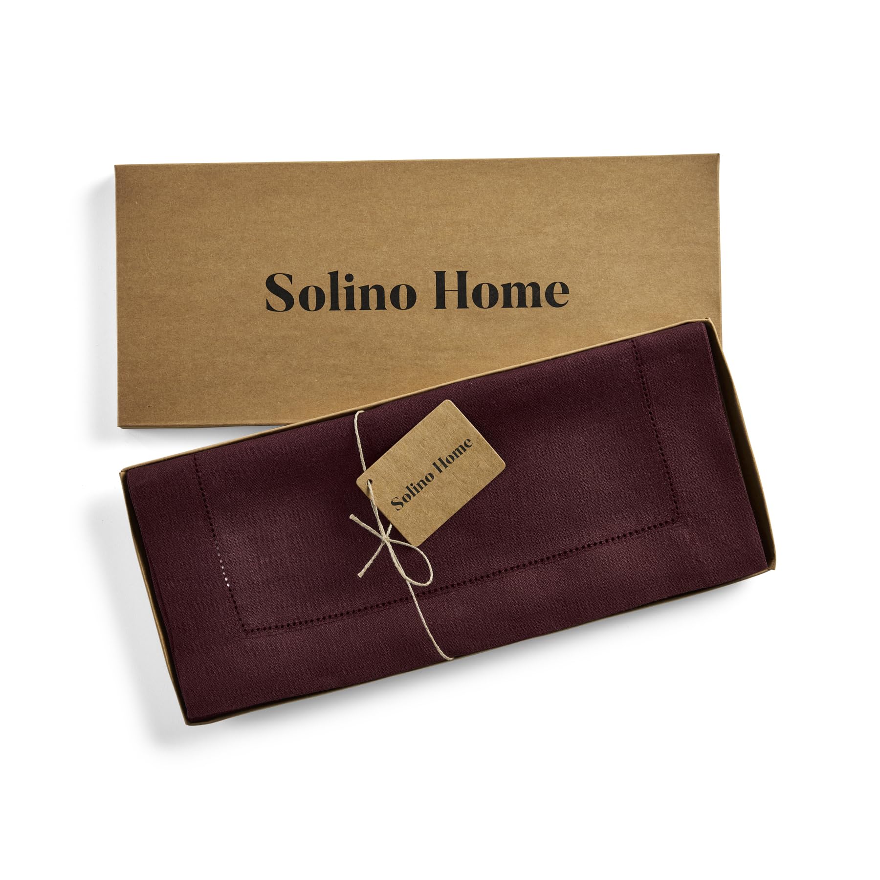 Solino Home Linen Burgundy Table Runner 60 Inch - 100% Pure Linen Classic Hemstitch Short Table Runner 14 X 60 Inch Ideal For Dr