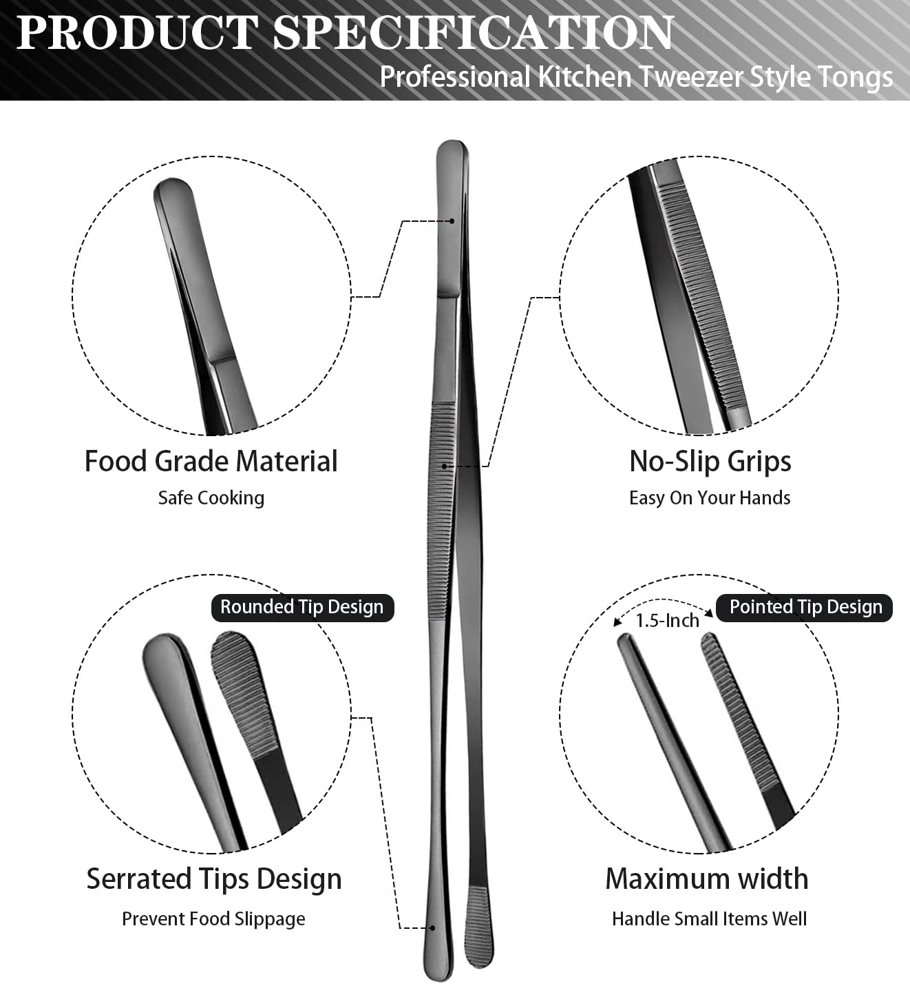 Jetkong 2 Pcs 12-Inch Kitchen Tweezers Tongs With Precision Serrated Tips, Stainless Steel Chef Tweezer Professional Cooking Twe