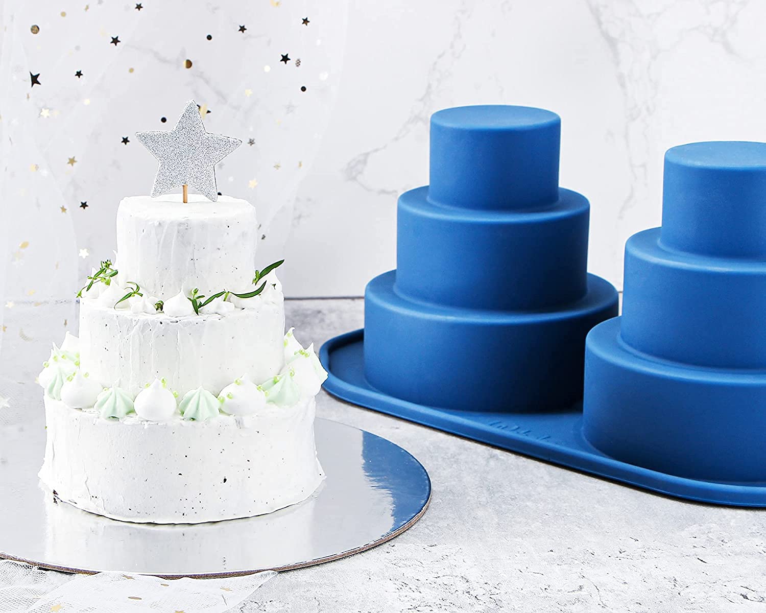 Webake Mini 3 Tier Cake Pan, Silicone Tier Cake Molds, 2 Pack Blue Molds For Small Smash Cake Cupcake For Birthday, Baby Shower,