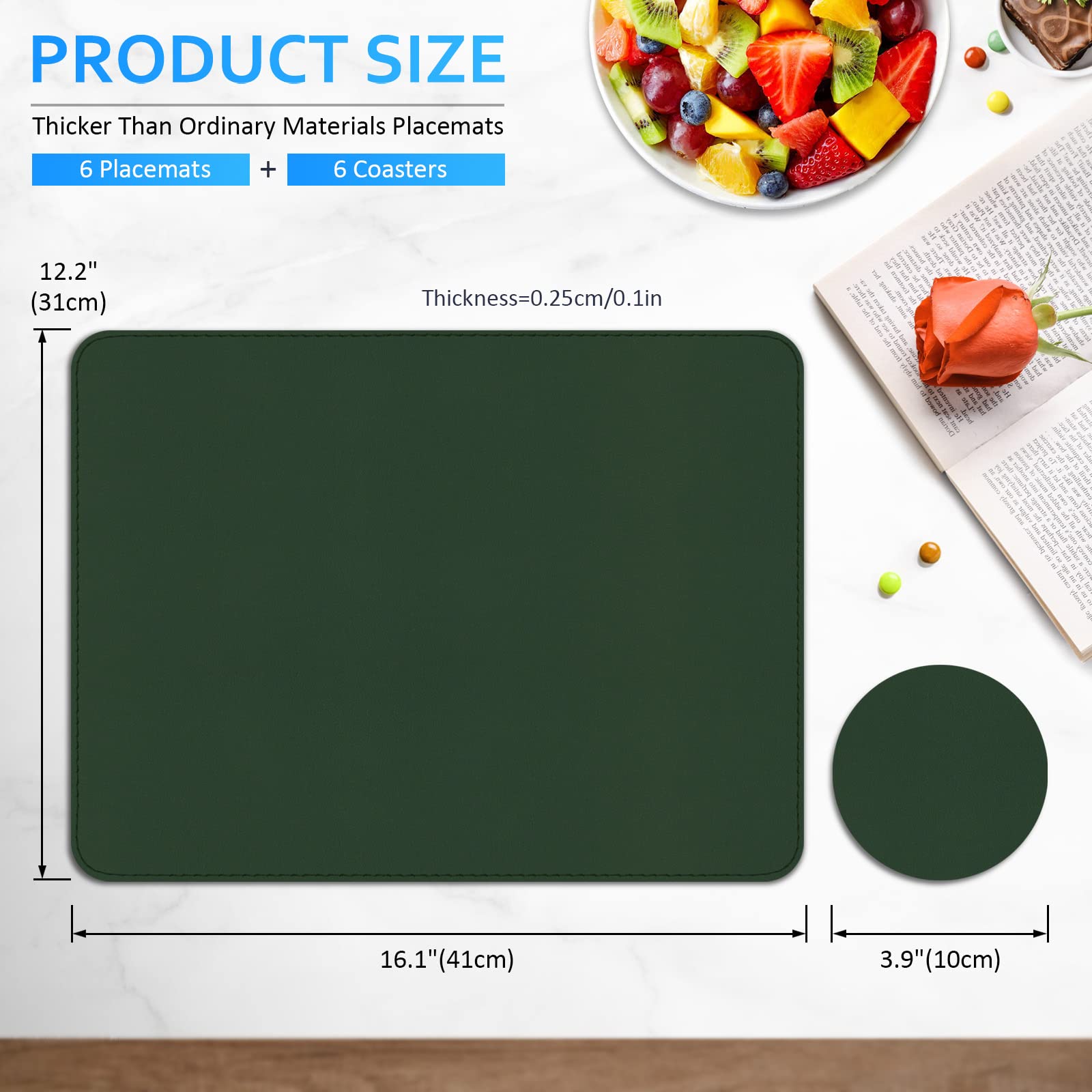 Aplker Vinyl Placemats Set Of 6, Green Waterproof Faux Leather Heat Resistant Kitchen Place Mats, Wipeable Dining Table Place Ma