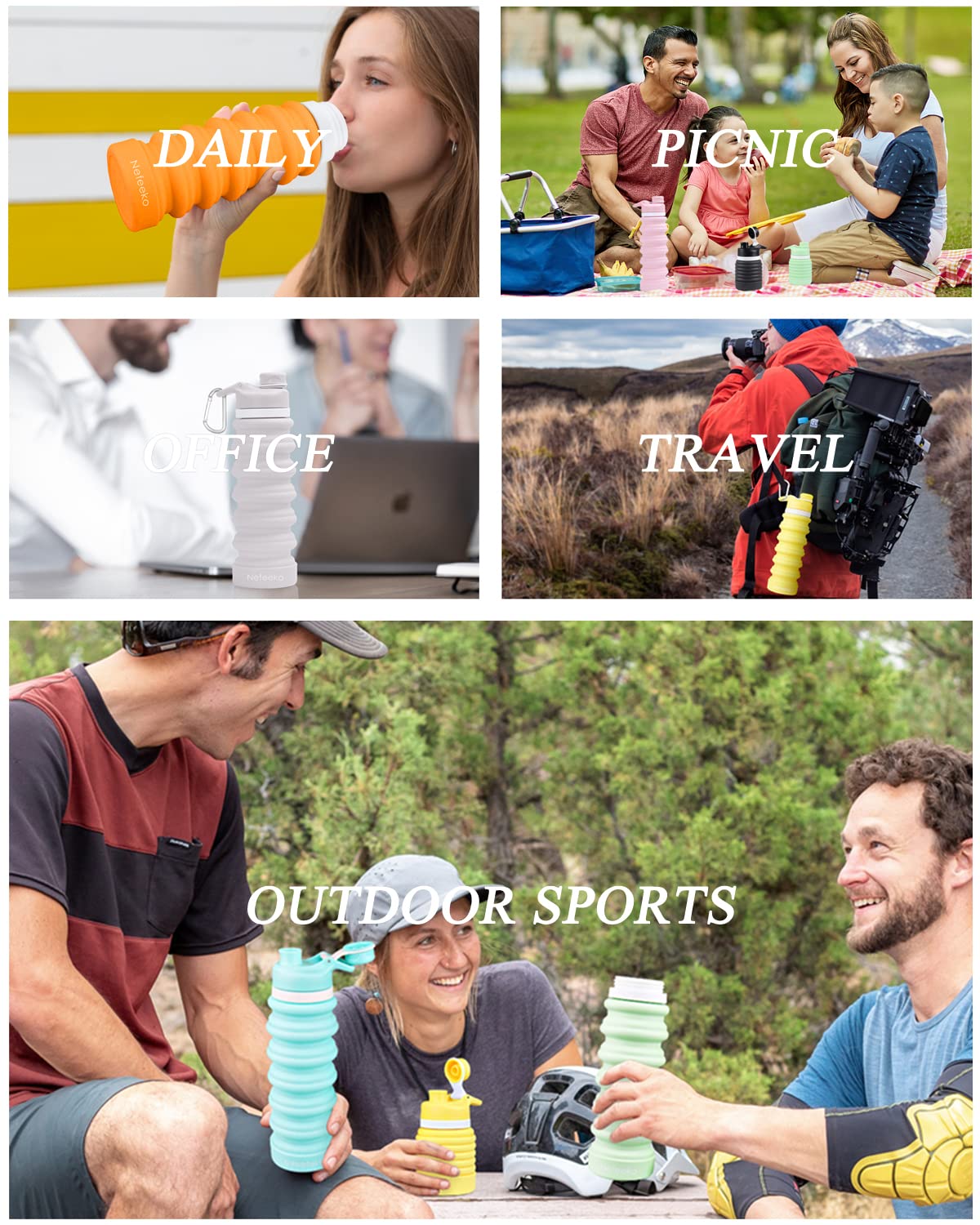 Nefeeko Collapsible Water Bottle, 26Oz Silicone Foldable Water Bottles Leakproof Bpa Free Travel Water Bottles With Carabiner, P