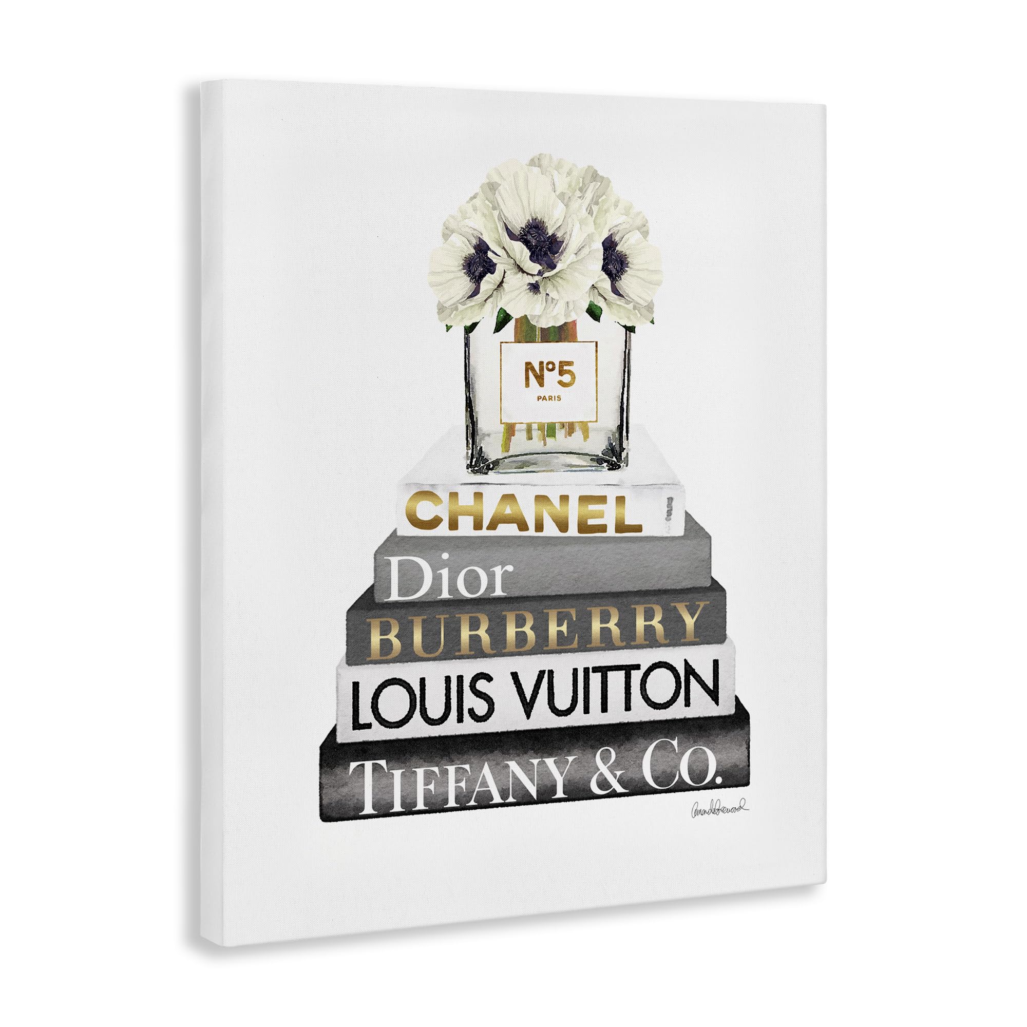Stupell Industries Blooming White Floral Display on Glam Designer Bookstack Wall Art  16 x 20  Gallery Wrapped Canvas