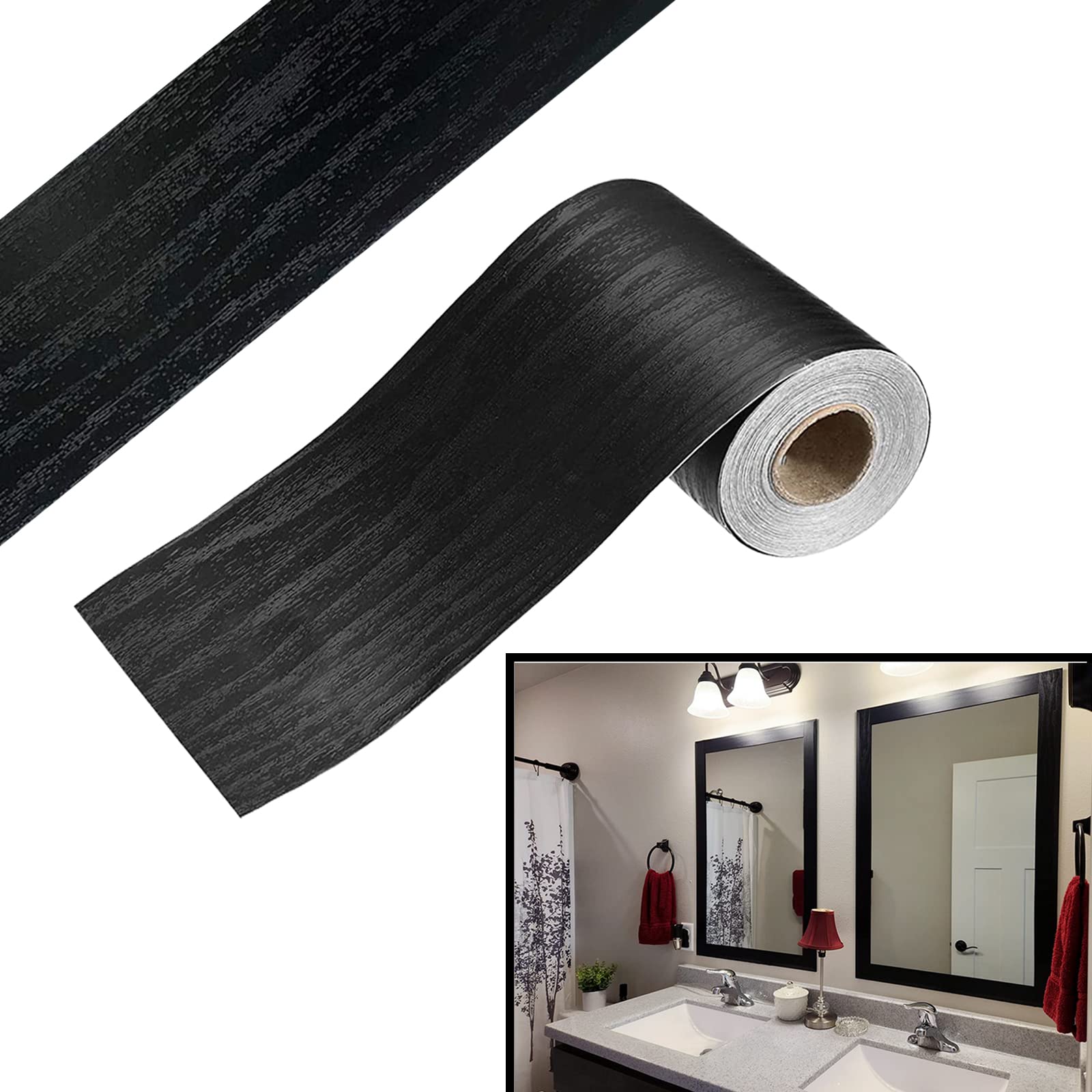 Simplemiuji Black Wood Grain 3D 10M Wallpaper Border Peel & Stick PVC Wall Covering Kitchen Bathroom Bedroom Tiles Decor Sticker