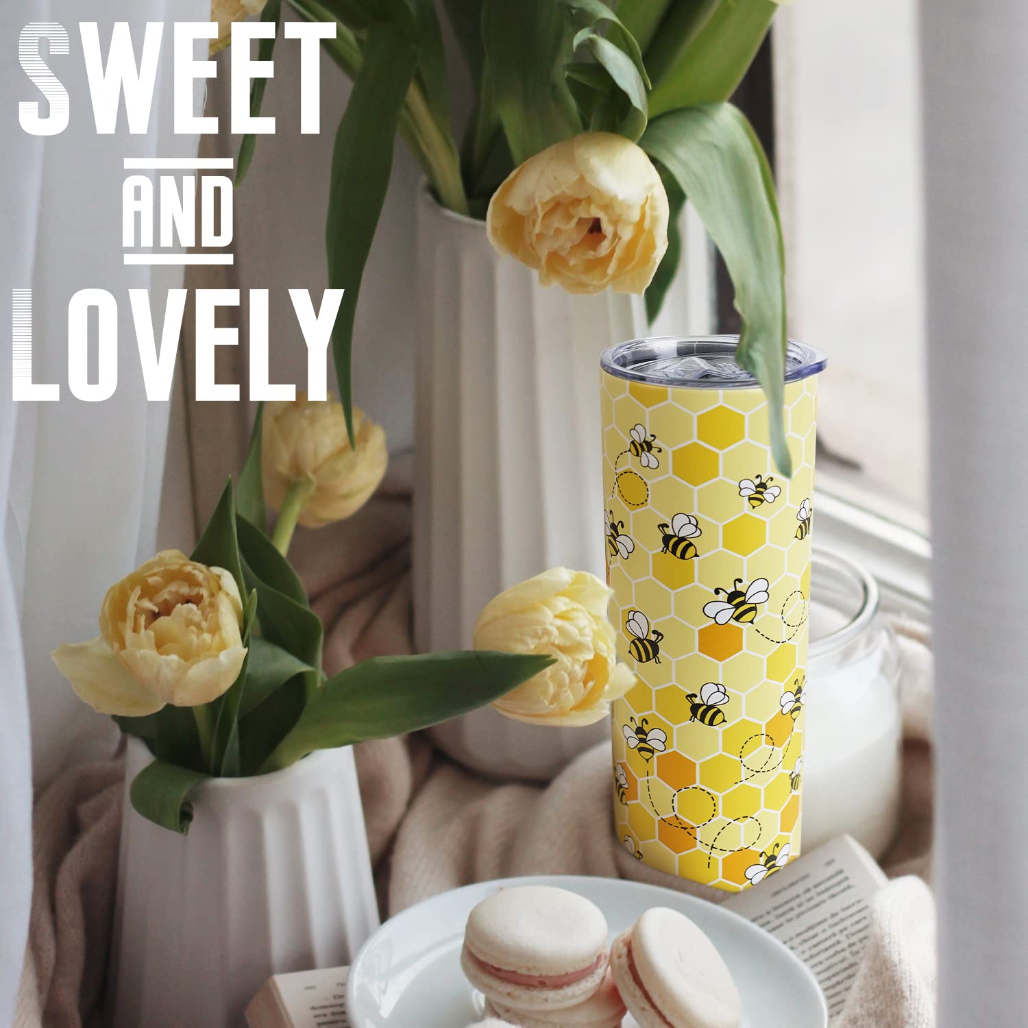 Bee Tumbler With Lid And Straw- Honey Bee Gifts For Women Men - Yellow Bee Coffee Mug, Cup, Skinny Tumbler, Water Bottles- Metal