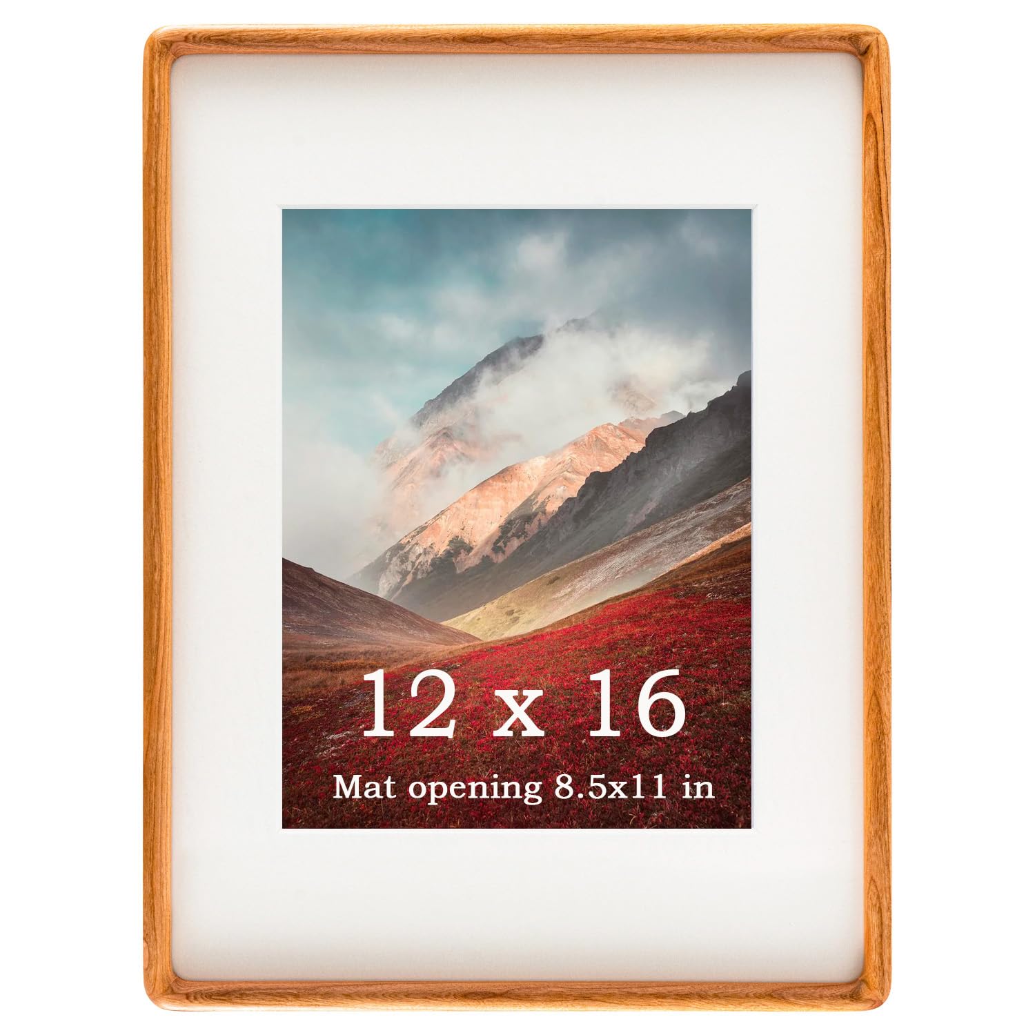 Zibrelte 12x16 Frame Natural, Solid Cherry Wood 12 x 16 Picture Frame with Mat for 8.5 x 11 Image, Wall Gallery Mounting 16 x 12
