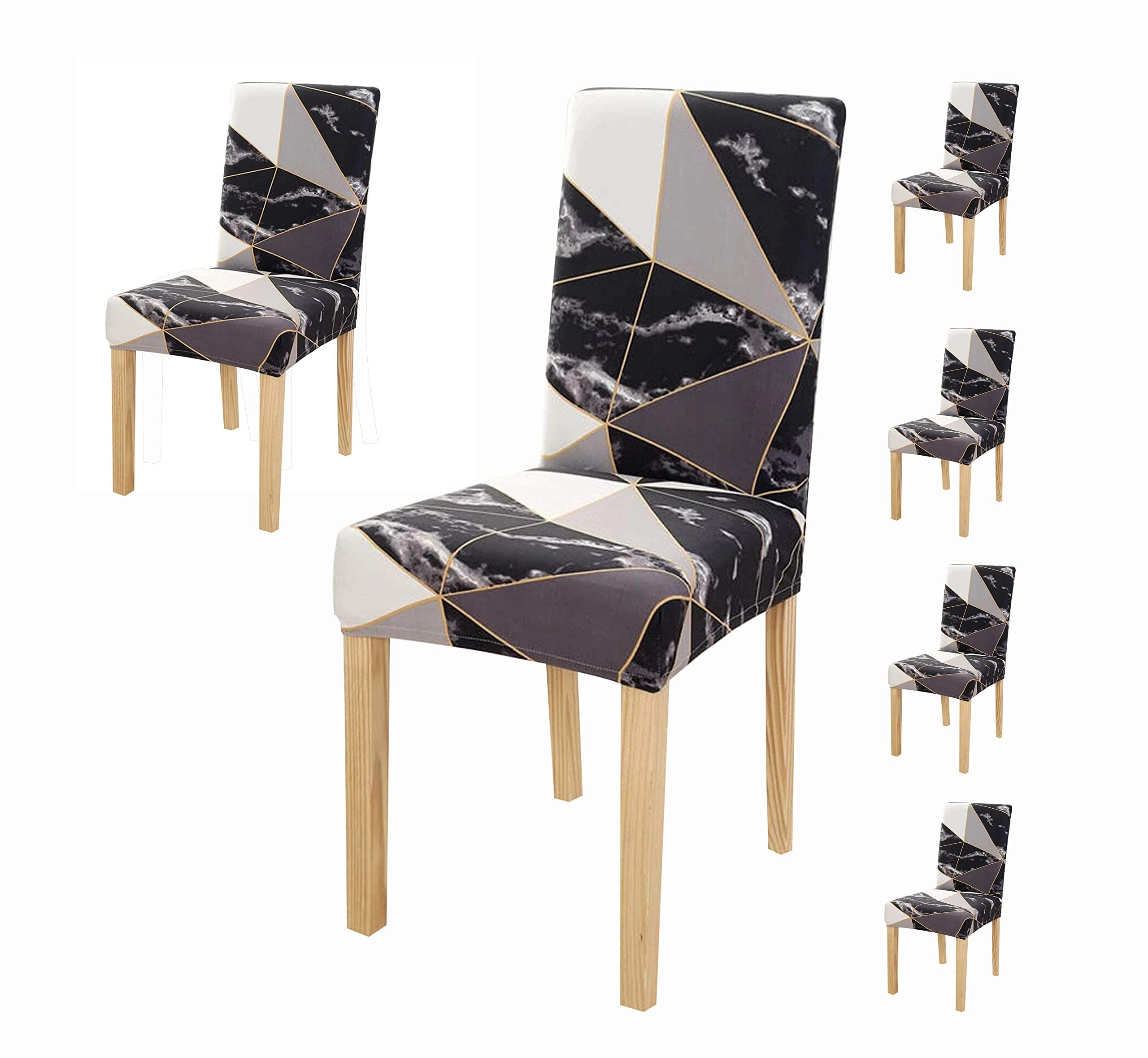 House Of Quirk Polyester Elastic Stretch Removable Washable Flowered Short Dining Chair Cover (Black Prism) - 6 Pieces