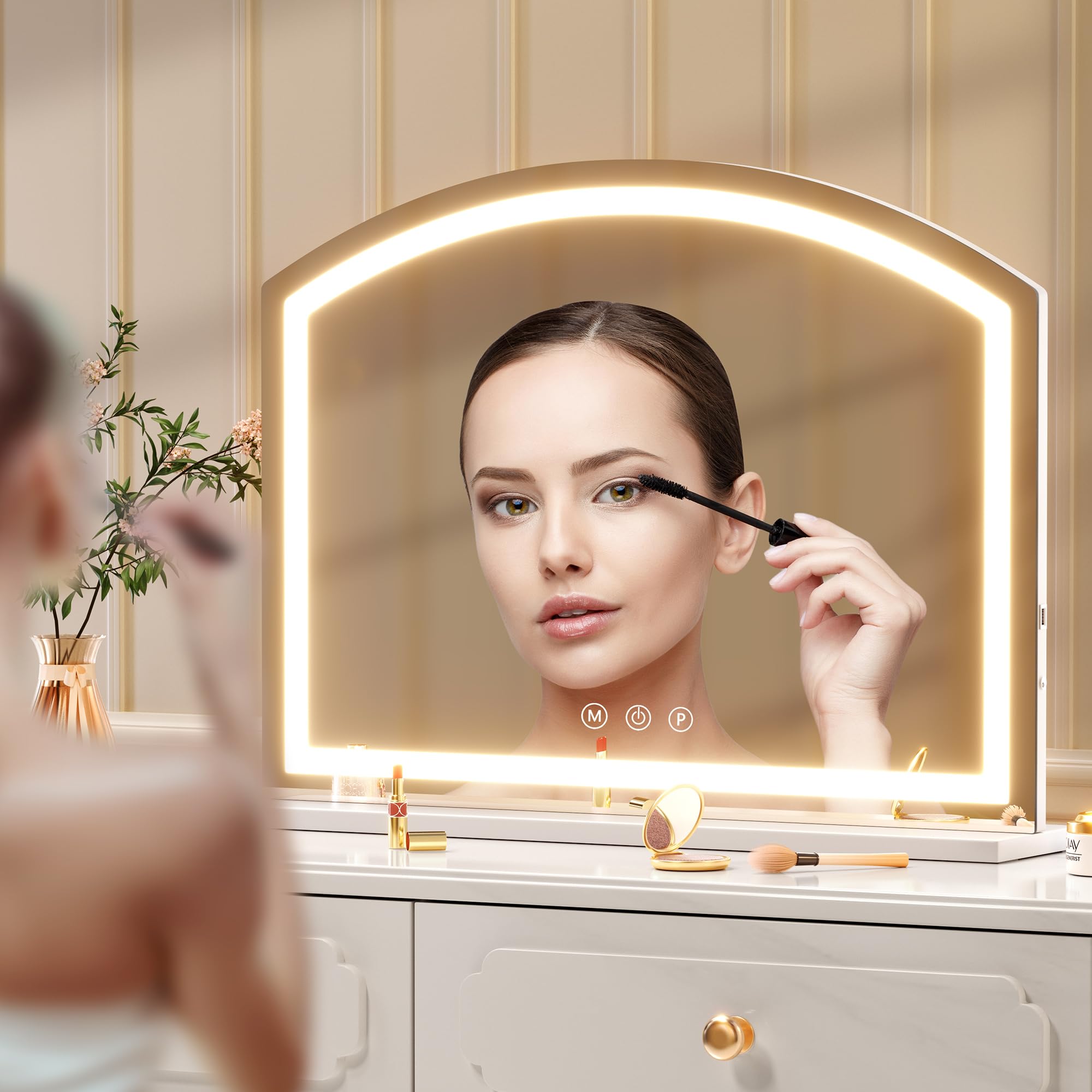 Hasipu Arch Vanity Mirror With Light, 32'' X 24'' Arched Led Makeup Mirror With 10X Magnification, Lighted Makeup Mirror With Bl