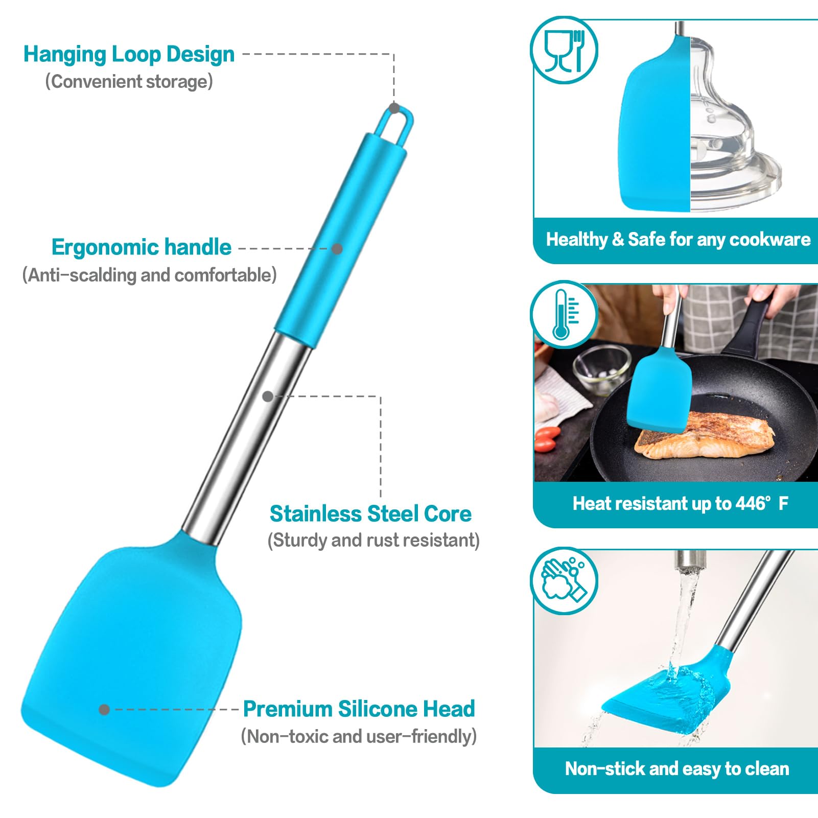 Teamfar 14 Pcs Cooking Utensil Set, Silicone Kitchen Utensil Set With Stainless Steel Handle, Spatula/Spoon/Turner/Skimmer, Heal