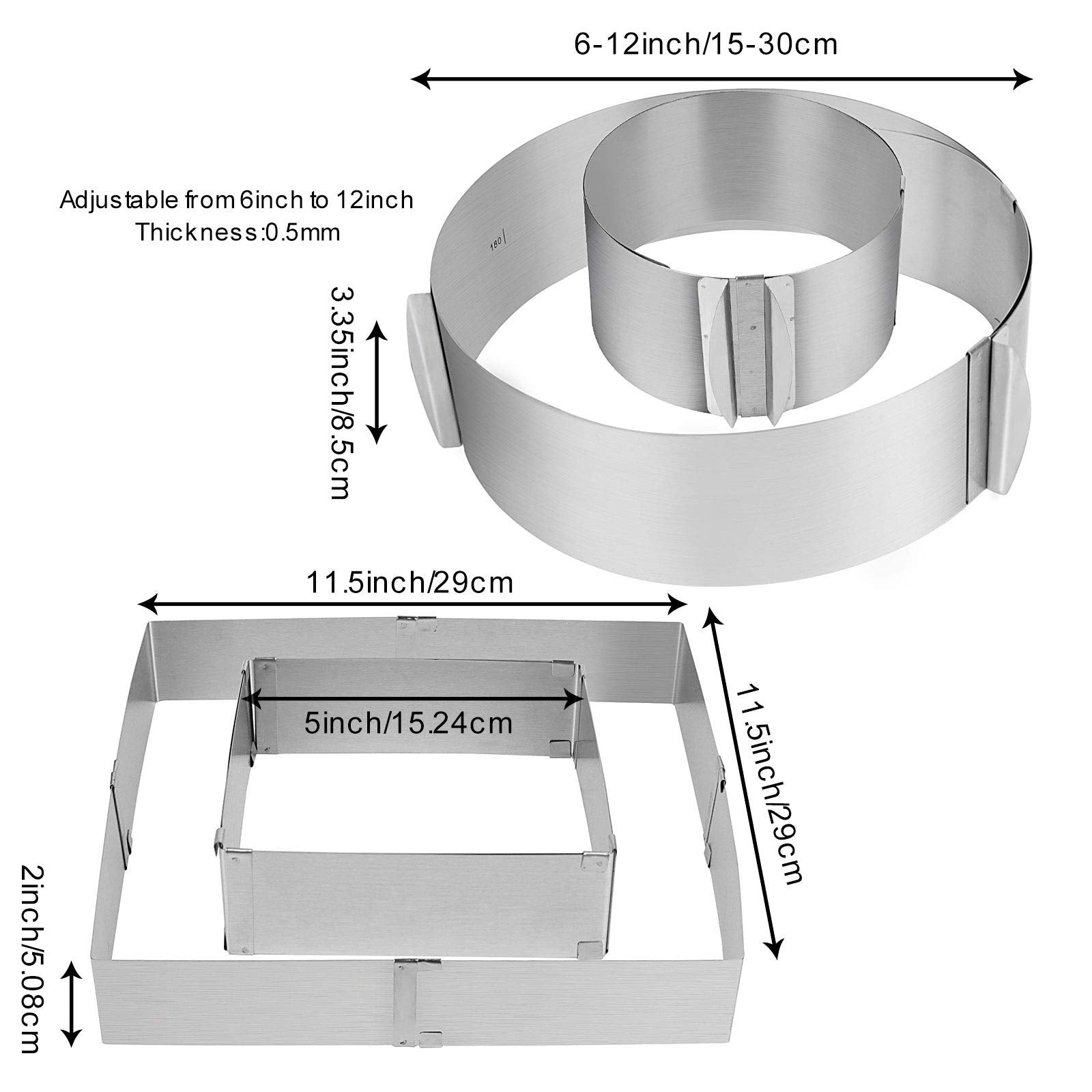 Zeonhei 2 Pcs 6-12 Inch Cake Mold Ring, Adjustable Cake Mould, Stainless Steel Cake Mousse Ring Circle And Square Mold Diy Pastr