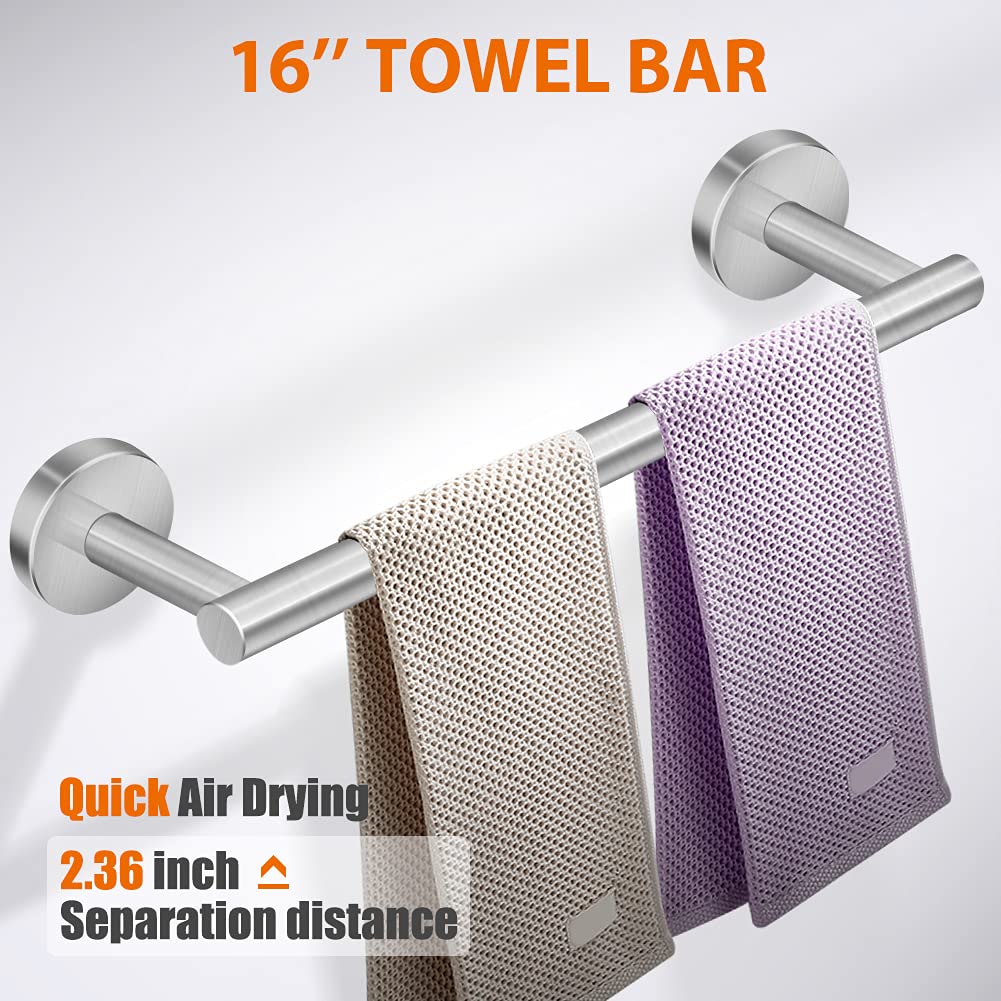 Tudoccy 5-Pieces Bathroom Hardware Set Brushed Nickel SUS304 Stainless Steel Round Wall Mounted - Includes 16'' Hand Towel Bar  Toilet Paper Holder  3 Robe Towel Hooks Bathroom Accessories Kit