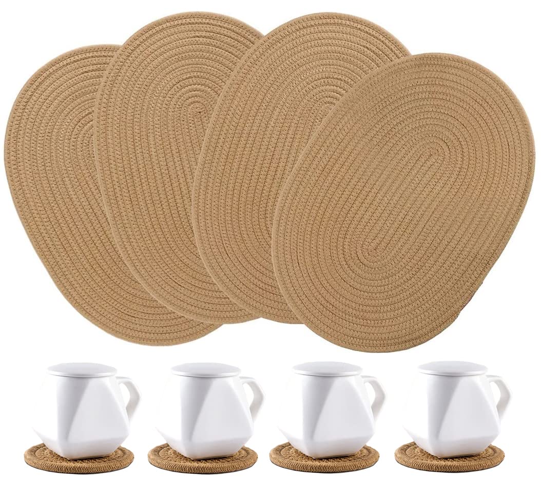 Wenfome 4 Pack Oval Jute Woven Placemats And Set Of 4 Round Fabric Coasters, Cotton Braided Placemats Set, Dining Table Mat, Hea