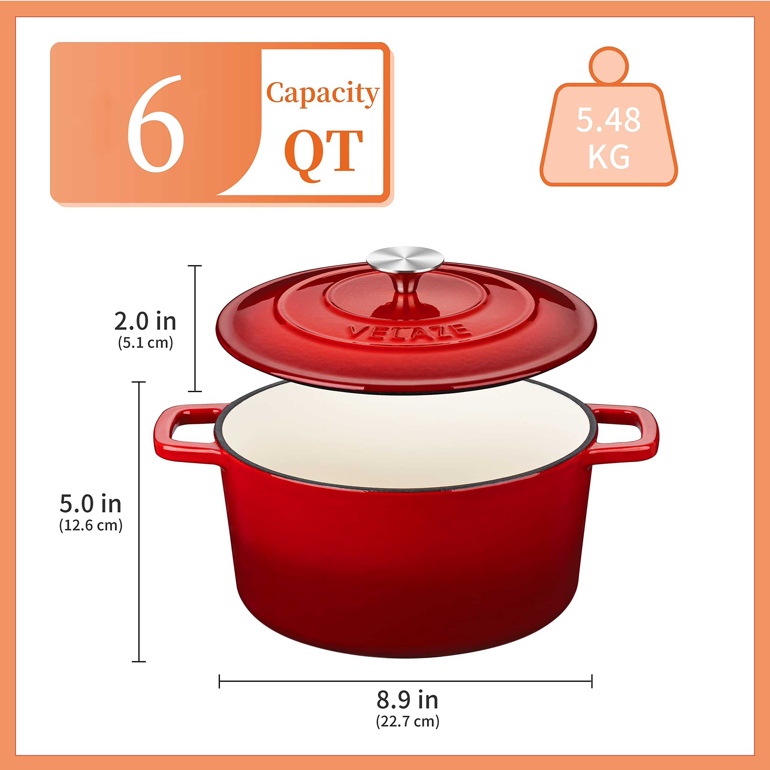 Velaze 6 Qt Enameled Cast Iron Dutch Oven, Dual Handles Dutch Oven Pot With Lid,Heavy-Duty Non-Stick Round Dutch Oven For Bread