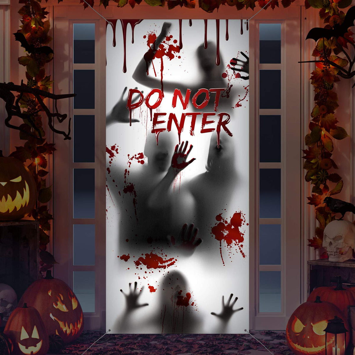 Large Halloween Window Door Cover Fabric Scary Handprint And Shadowy Figure Halloween Props Poster Banner For Halloween Spook Ho