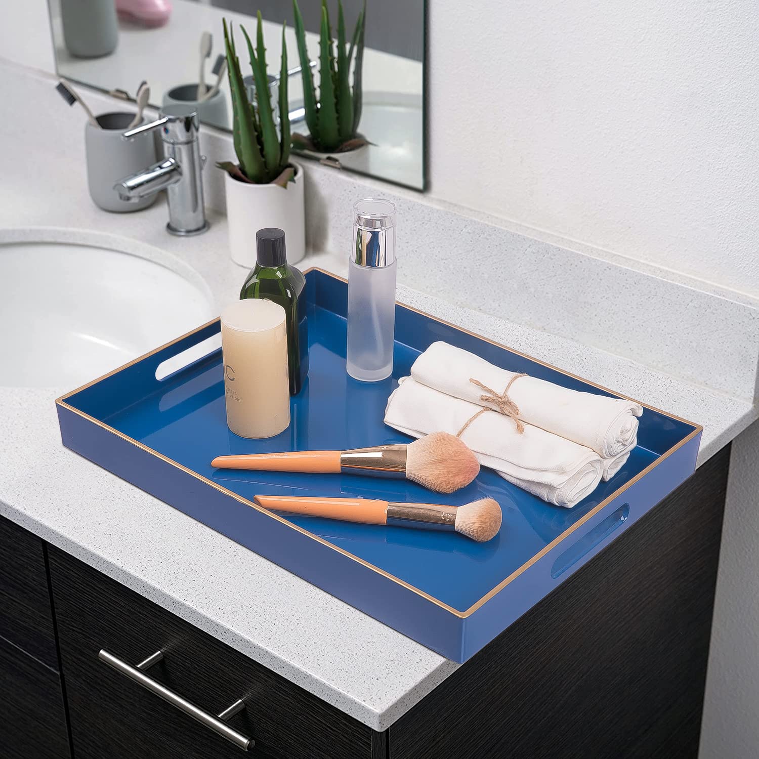 MAONAME Royal Blue Serving Tray with Handles  Rectangular Decorative Tray  Modern Coffee Table Tray  Plastic Ottoman Tray for Bathroom  Decor  15.7