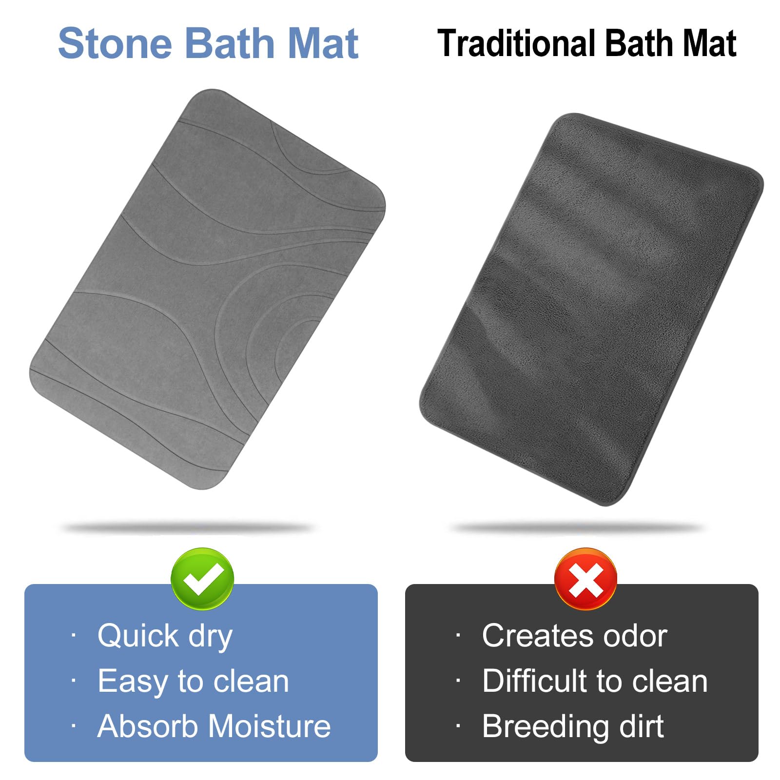 Humiga Stone Bath Mat, 2 Pack Diatomaceous Earth Shower Mat, Non-Slip Super Absorbent Quick Drying Bathroom Floor Mat, 24X15, Gr
