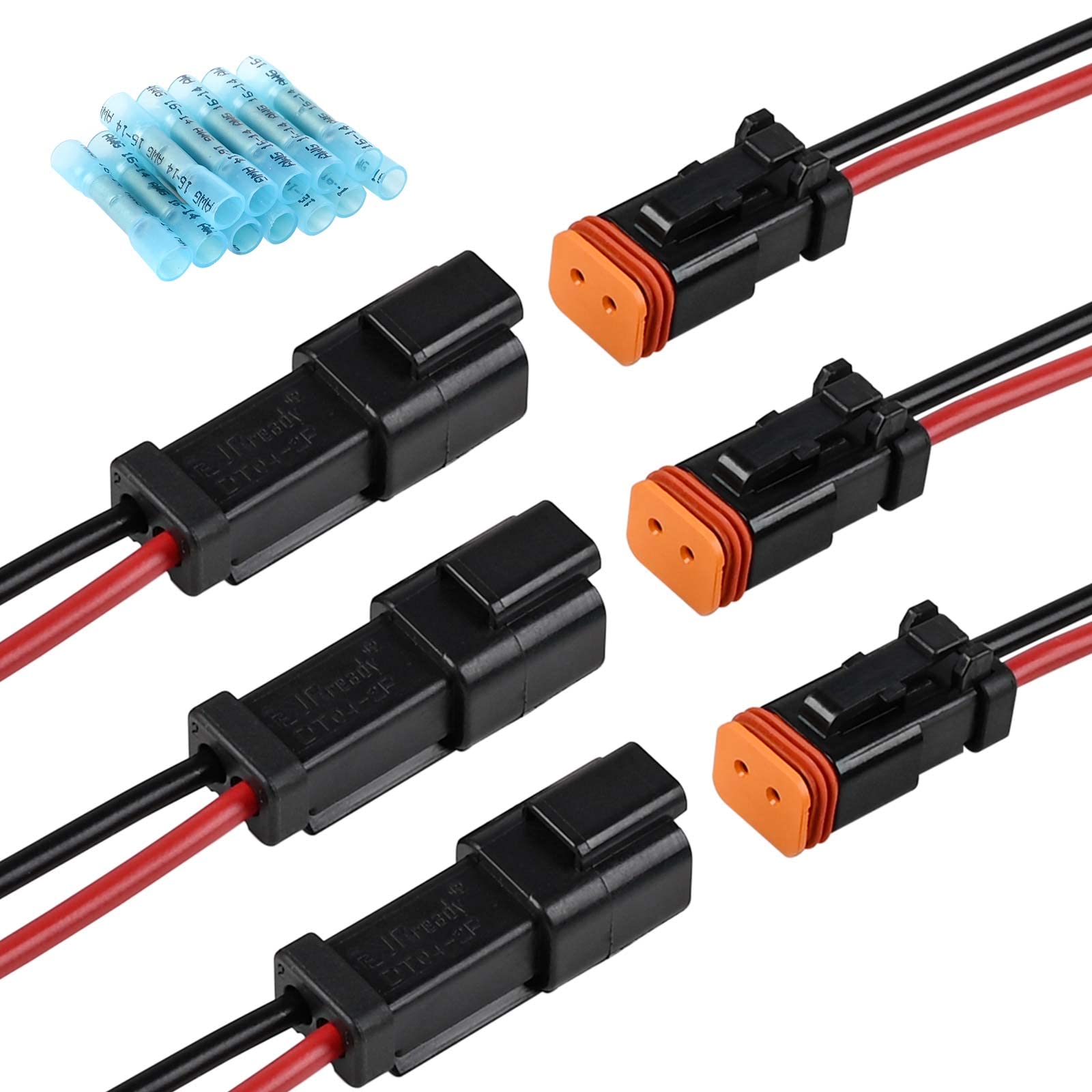 Jrready 3Sets Deutsch 2 Pin Connector Kit Dt Pigtail 2 Wire Way Automotive Waterproof Wire Connectors With 12Pcs Butt Connector,