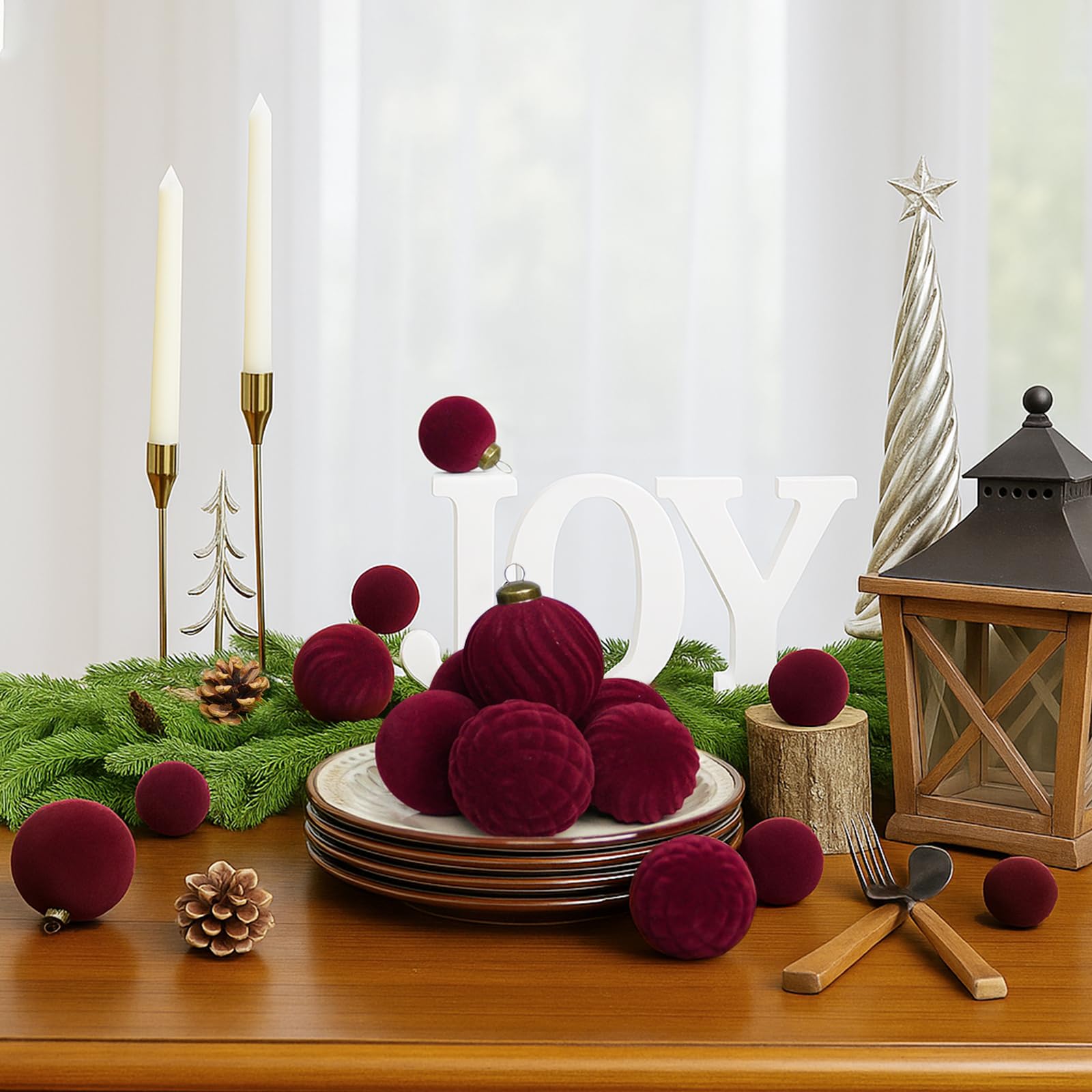 XmasExp 36PCS Velvet Christmas Ornaments Set Mixed Flocked Balls Ornaments Shatterproof Christmas Tree Decorations for Holiday,P