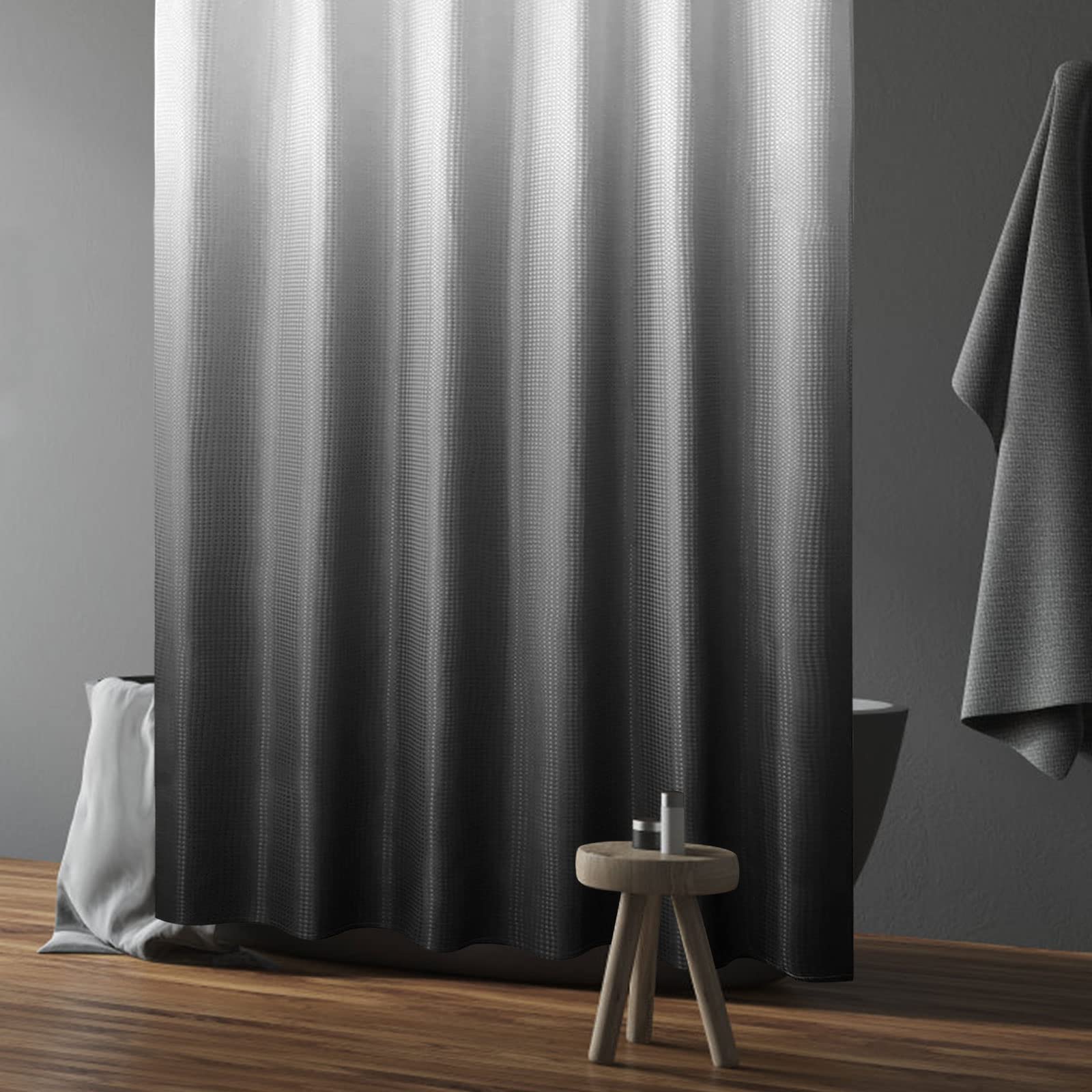 Gibelle Small Stall Shower Curtain 36 X 72, Narrow Half Black Ombre Shower Curtain For Bathroom, Waffle Weave Fabric Shower Curt