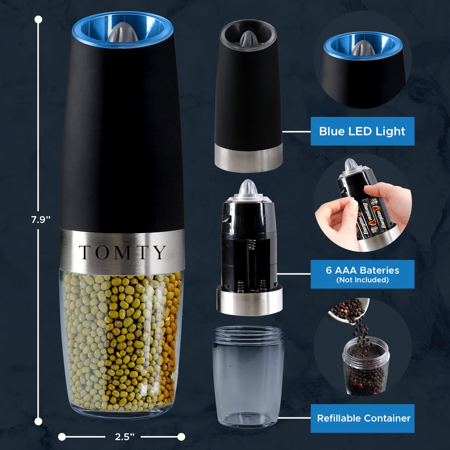 TOMTY Electric Salt and Pepper Grinder Set - Battery Operated, Stainless Steel, Black - Perfect for Kitchen, Grilling, and Housewarming Gifts