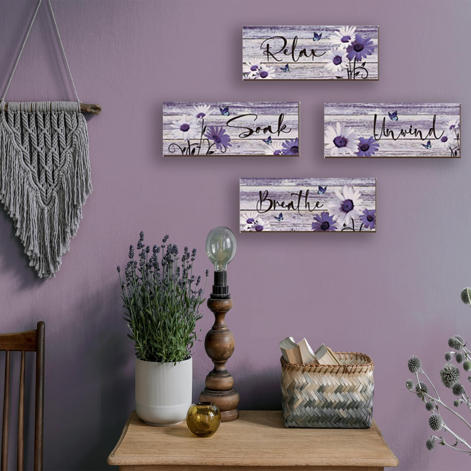 ZINYAZHE 4 Pcs Farmhouse Bathroom Wall Decor - Purple Daisy Floral Flowers and Butterfly Wall Art - Relax Soak Unwind Breathe Ru
